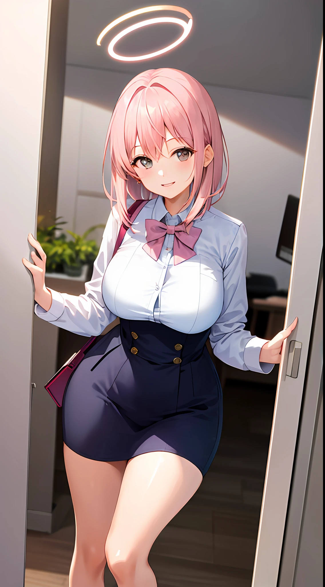 ((masterpiece, best)),(1girl),((mature woman)), light pink hair, halo, trumpet, ((office lady)), bangs, mid-chest, (full), slim, smiling, [wide hips ], office, standing, aru \(blue file\),