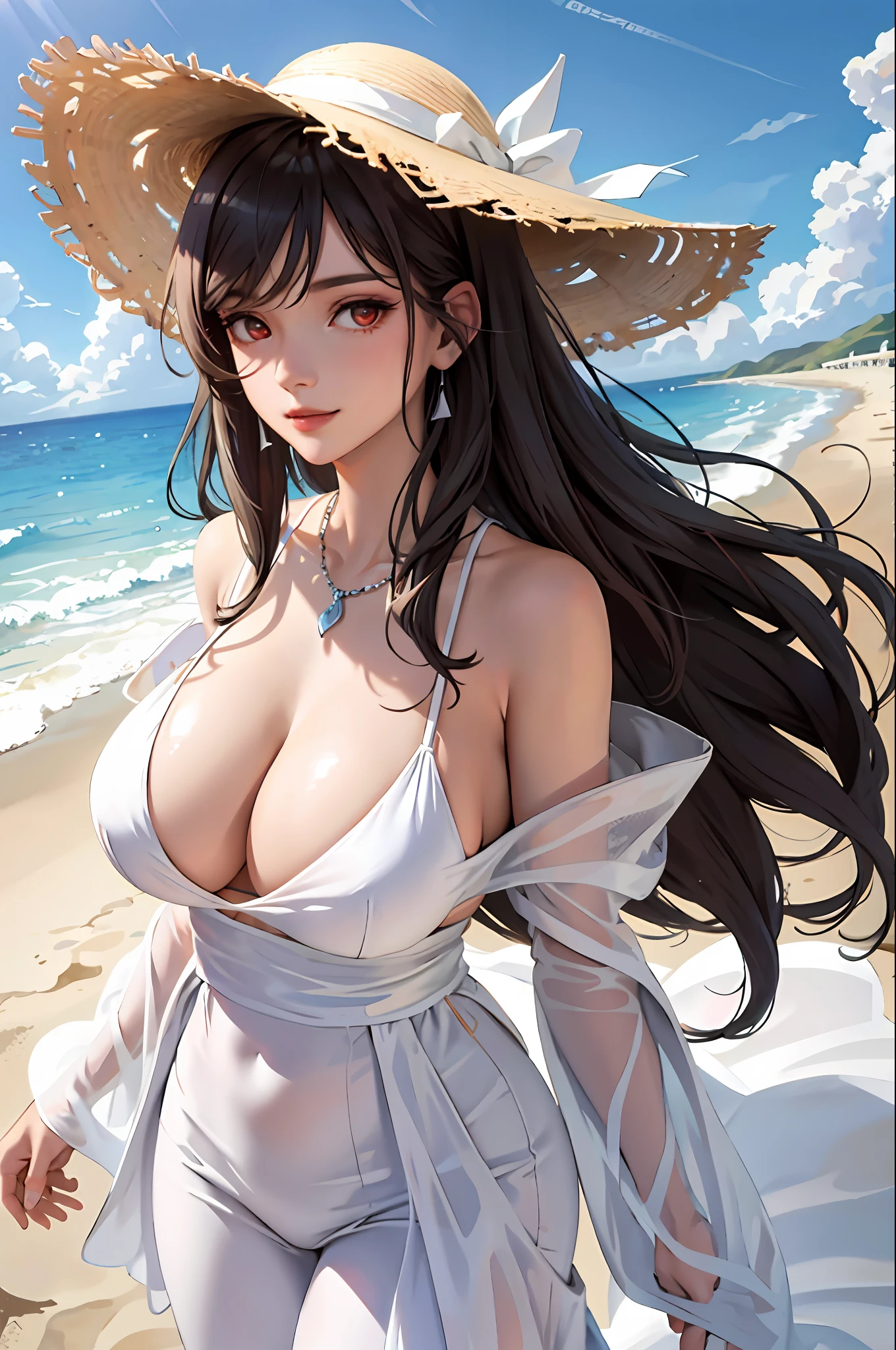 (masterpiece:1.2, best quality), (1lady, solo, upper body:1.2), Clothing: white flowy maxi dress, wide-brimmed hat, strappy sandals, Accessories: shell necklace, Hair: loose beach waves, Makeup: natural, glowing skin, Behavior: relaxed, carefree, free-spirited, Location: beach, resort, outdoor festival, red eyes, huge tits,