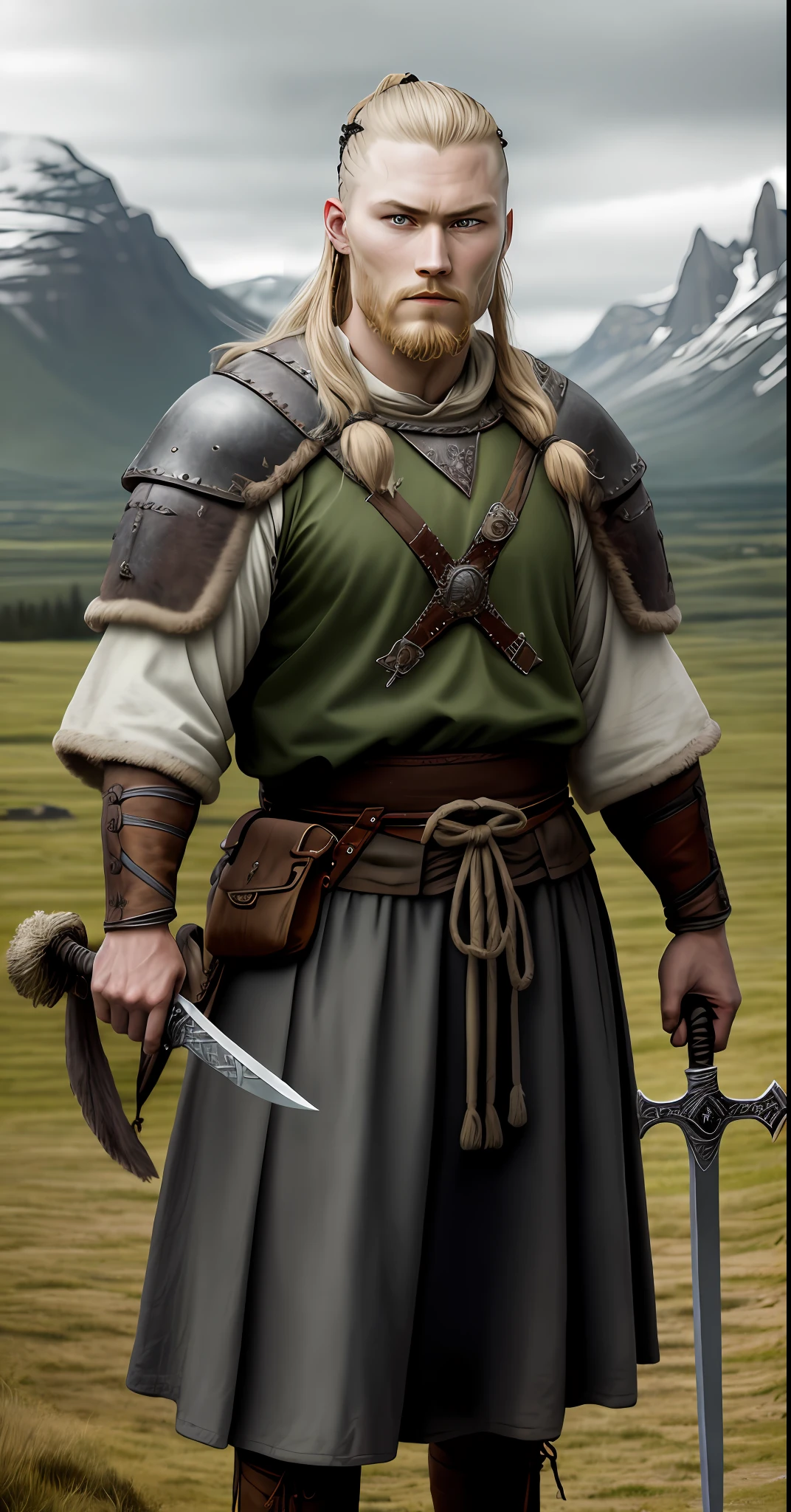 Ragnar vikings, face of the fimmil travis holding a practiced sword with Viking symbols on the sword, Viking warrior clothing, face with high resolution, landscape in a medieval war, photo in 50mm canon