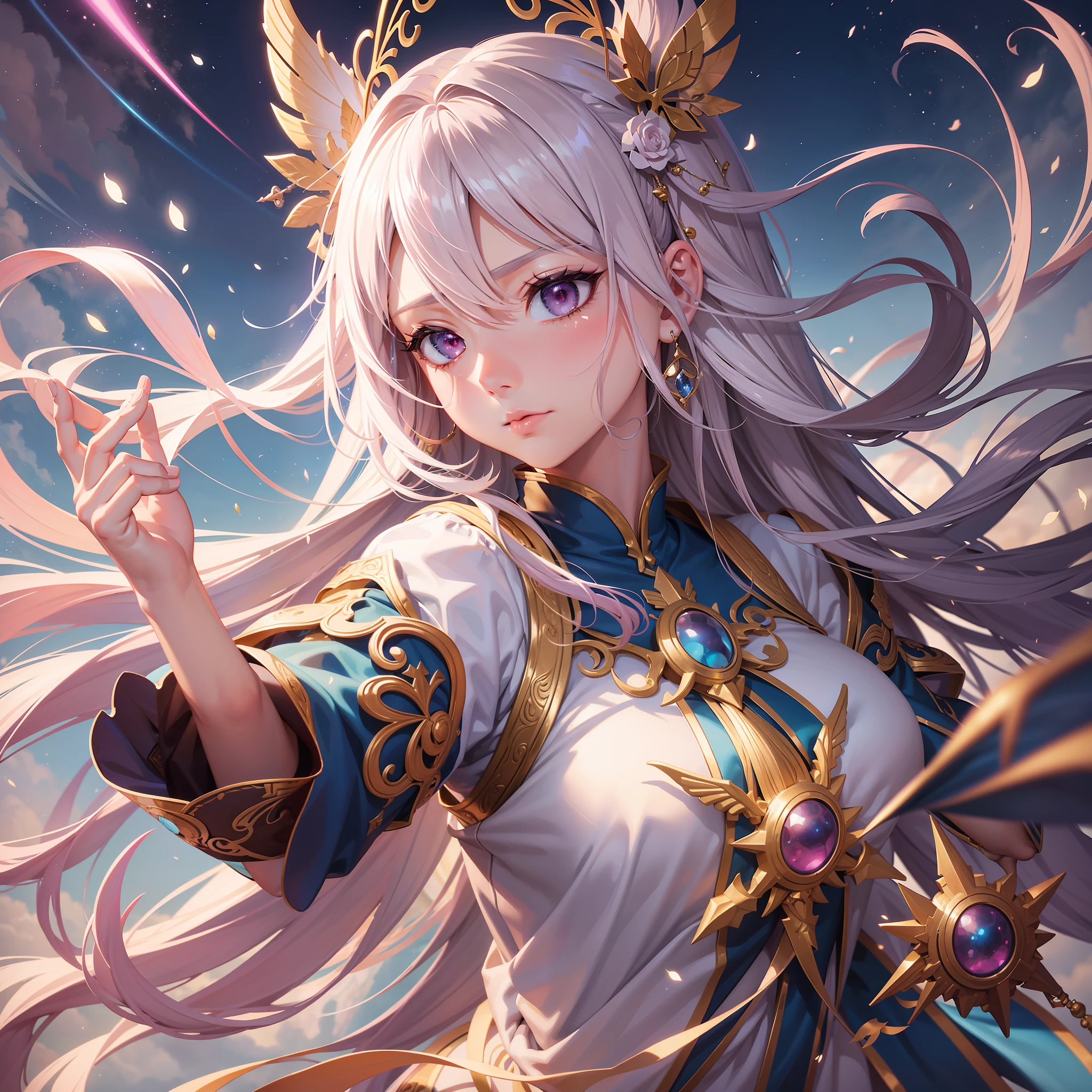 Extremely detailed Artgerm, beautiful celestial mage, Artgerm on ArtStation Pixiv, Artgerm. Anime illustration, IG model|art germ,! dream art germ, art germ, style art germ, art germ style, concept art |art germ, beautiful woman, long hair, hair pink and white gradient, fairy air fluttering, (Xiu Xian novel), Buddha light behind it, skill in hand, serious face, (release skill special effects), anime form, combat, clear details, gesture stereo, super high resolution, noise reduction, sharp angle increase, improve contrast