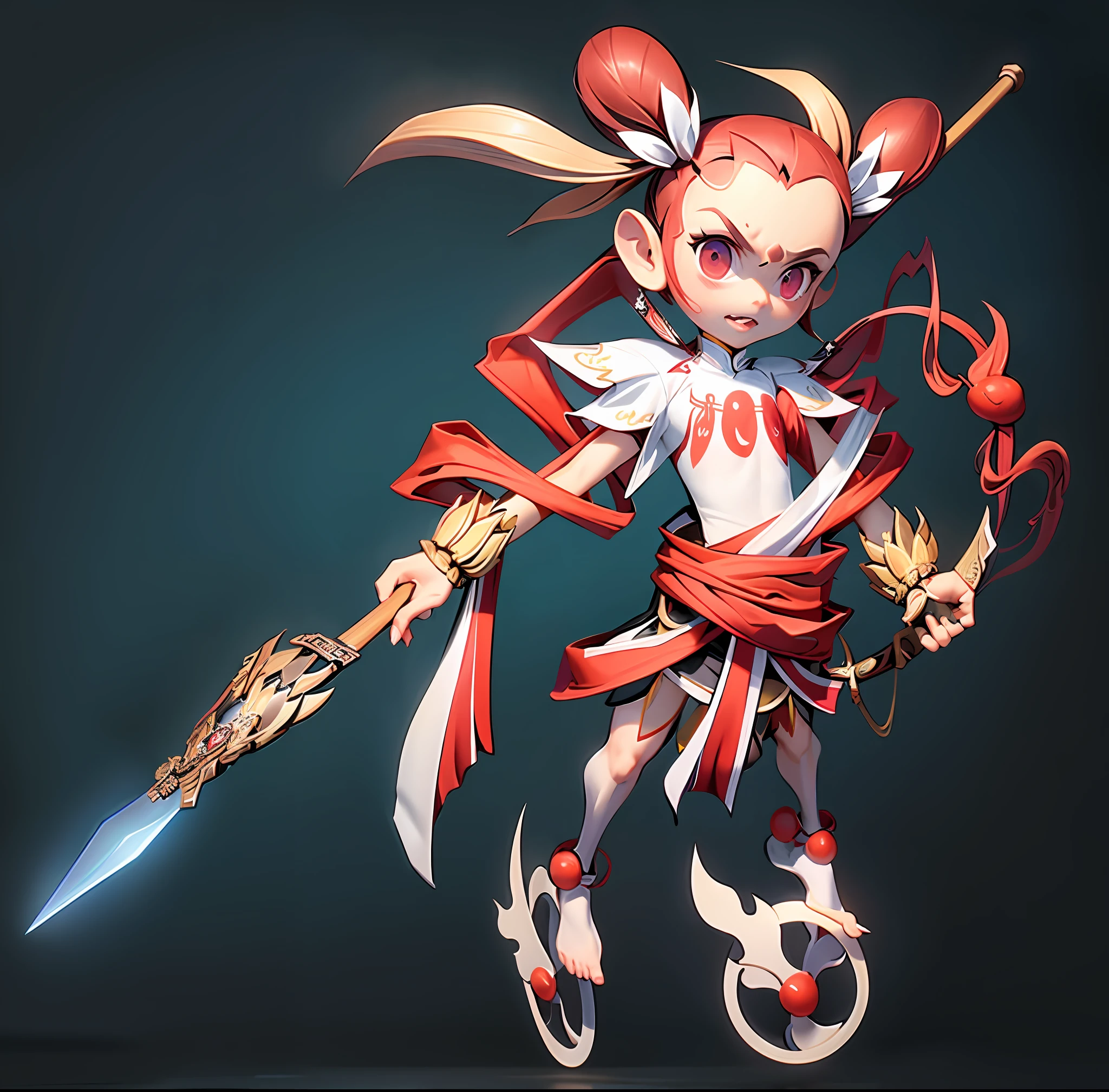 Masterpiece, best quality, official art, 8k wallpaper, very detailed, illustration, 1 girl, angry, holding a spear, (flying), chinese mythology, ashuras in chinese mythology, cloudy, detailed sky, abstract background