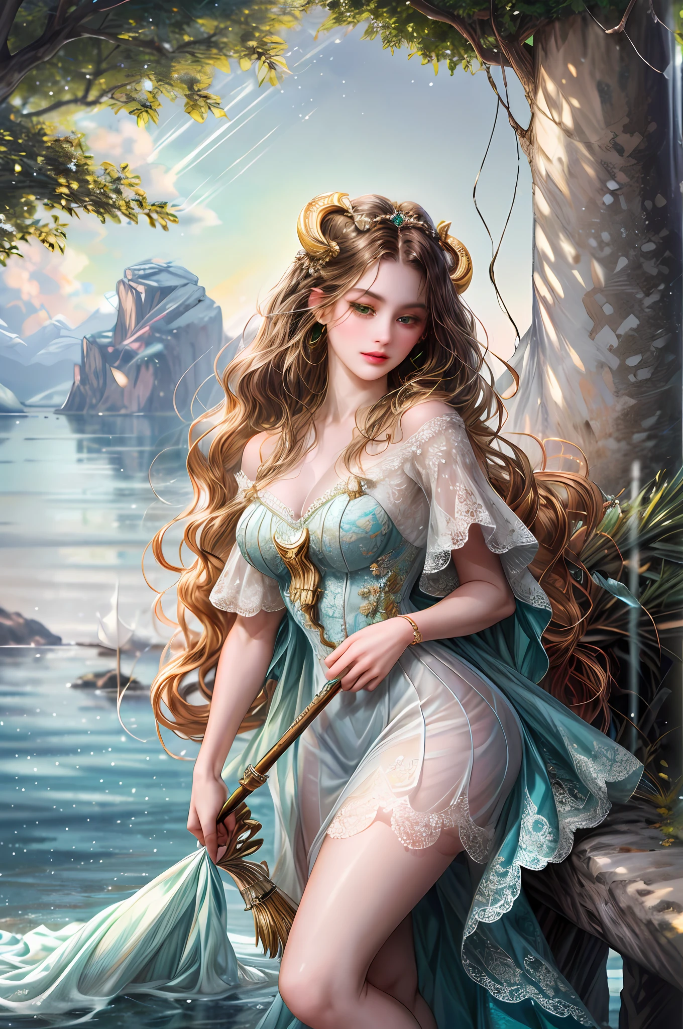 ( High quality , ultra detailed, careful with hand )Zodiac - Taurus goddess , similar to latin goodness , Practical, resourceful, confident, energetic, tidy face , Stubborn, unforgiving, excessive style ,  crystal deep green eyes , light brown hair , transparent dress , in the ocean with tree island , whole body , tidy make up look ,