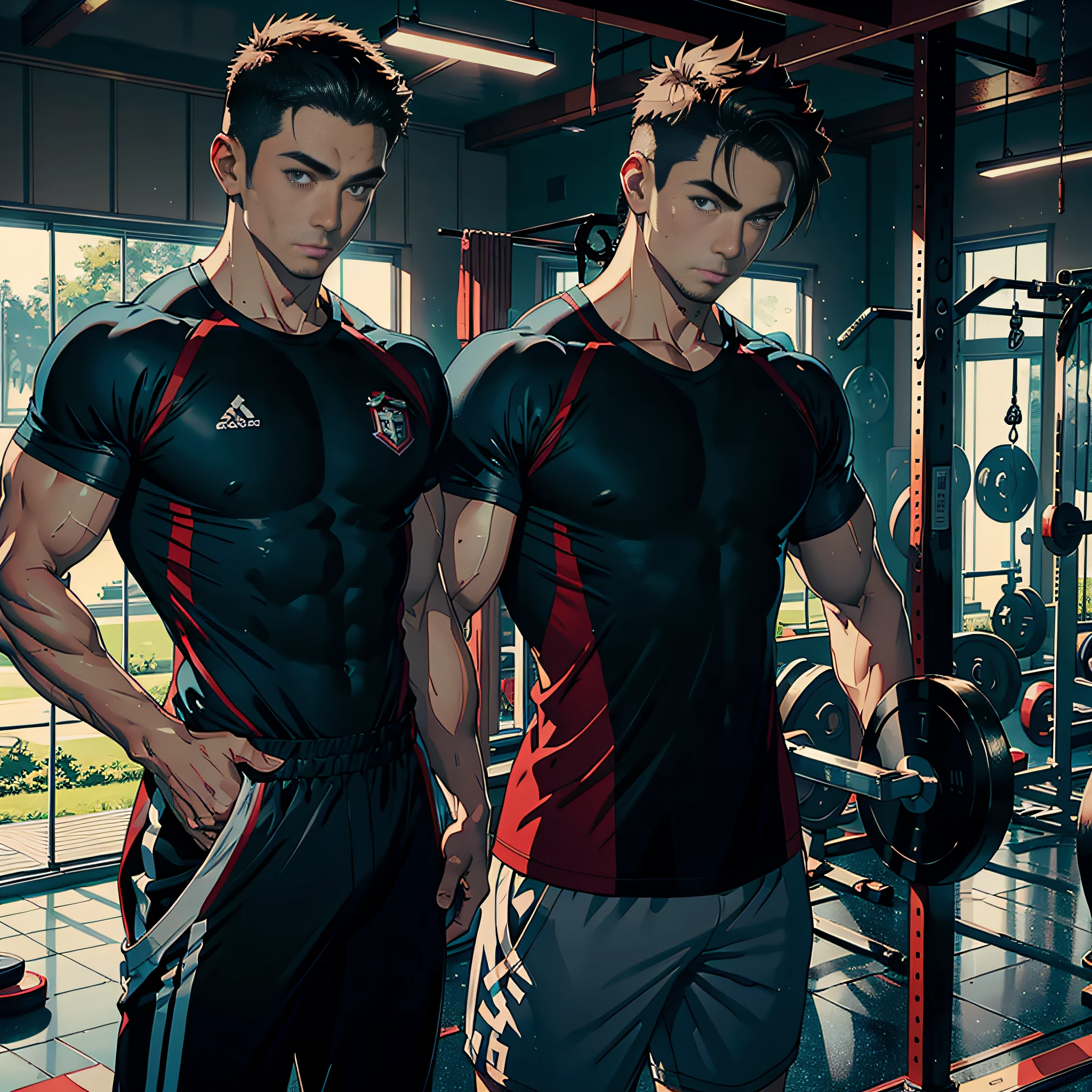 Masterpiece, Best Quality, 8K, Photographic Reality, Realistic, Octane Rendering, Japanese Gym A group of men (upper body sportswear|) (fitness trainer) upper body display
