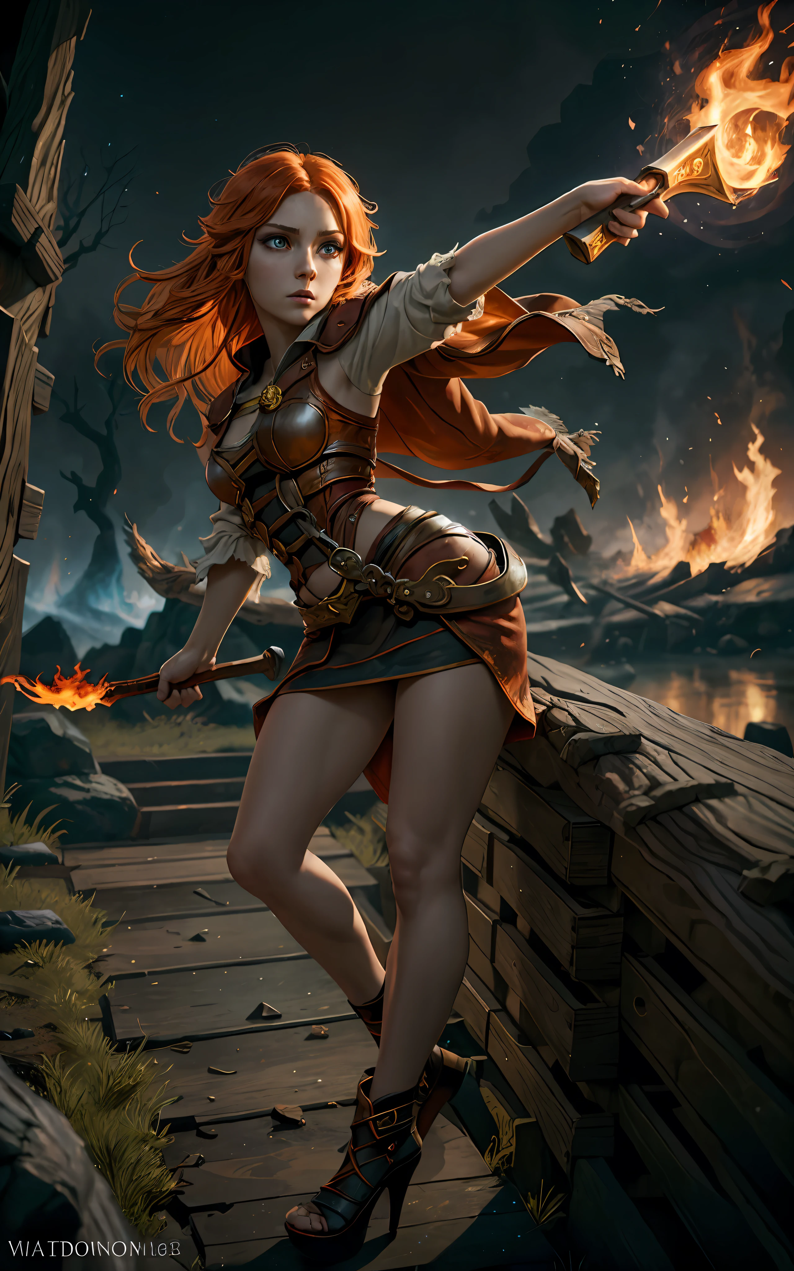 An outstanding beautiful white girl painting, firelight, flame surrounding, fire magic messenger, dota 2 fire girl style, ghost knife style, fire-like hair, long red hair, watery blue big eyes, thin waist, wide hips, mage robes, magic colors, World of Warcraft style, By Blizzard Entertainment, Ultra HD, 8K, real skin texture, best light, best shadow, Lina from dota2, action, wizarding world, Prone view, small mouth, small nose, big eyes, cute, full body, perfect body proportions, big sagging breasts, enhanced contrast, fire dragon as background, void fragments