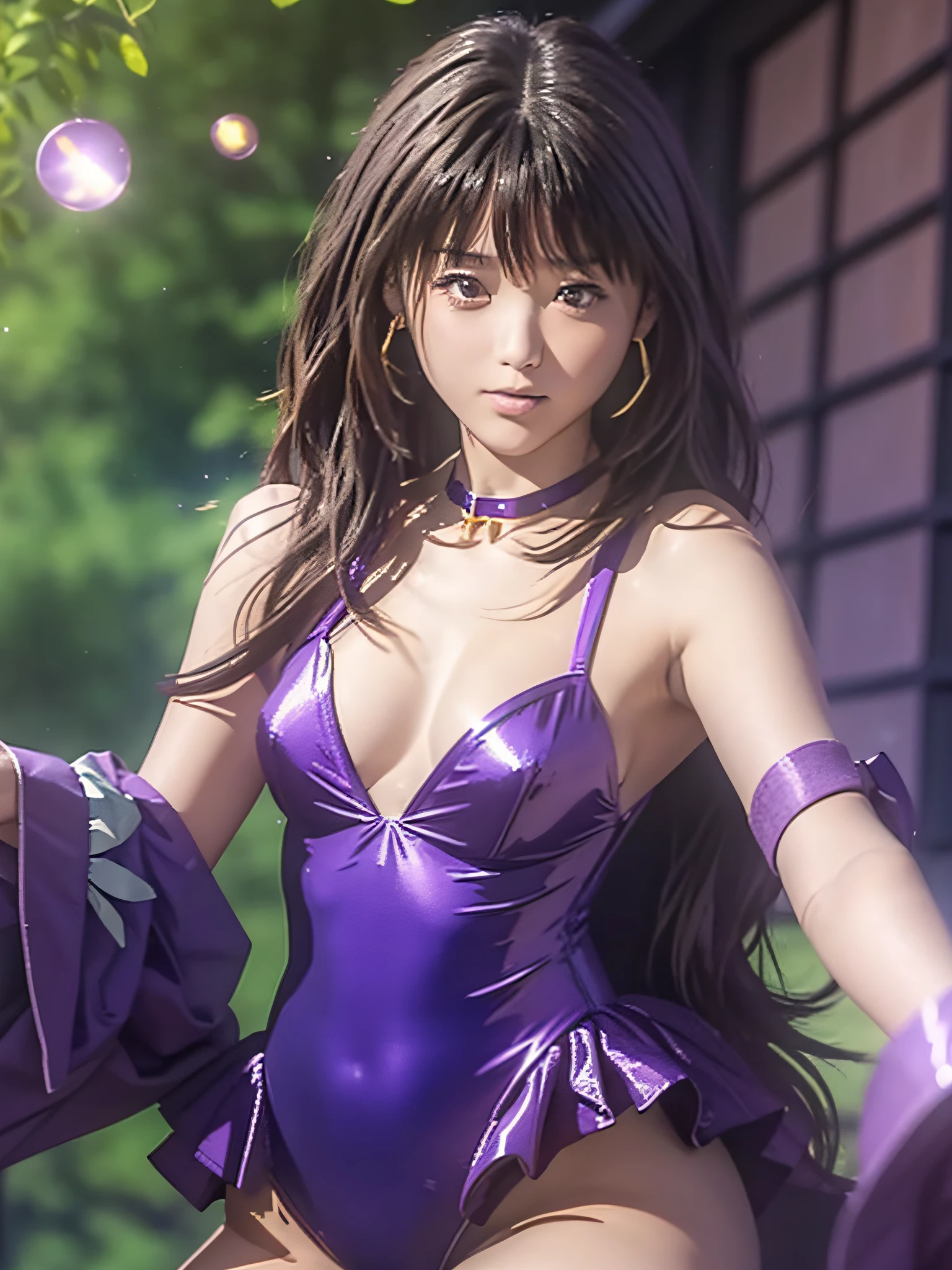 (Yoshizuki_Iori), Bangs, 8K,(Best Quality:1.4)(Best Quality:1.4),(Best Quality), 1 Girl, Circlet,Earrings,Purple Sexy Leotard, Gold Choker, (Solo:1.2),Palace Garden, Beholder, (Shiny Skin),Beautiful Thighs
