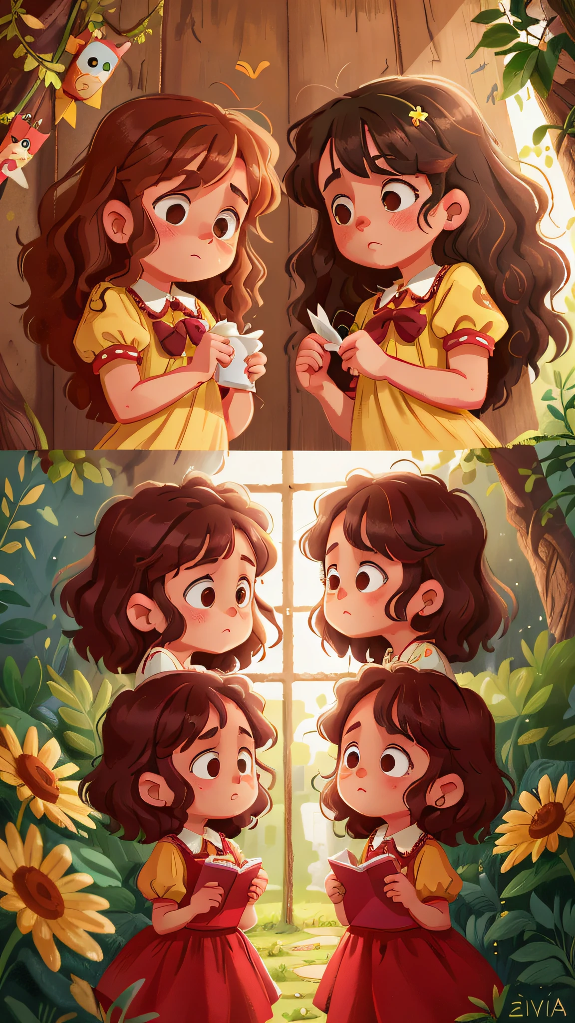 Two twin girls with curly brown hair, Livia and Lavinia help two sad children.