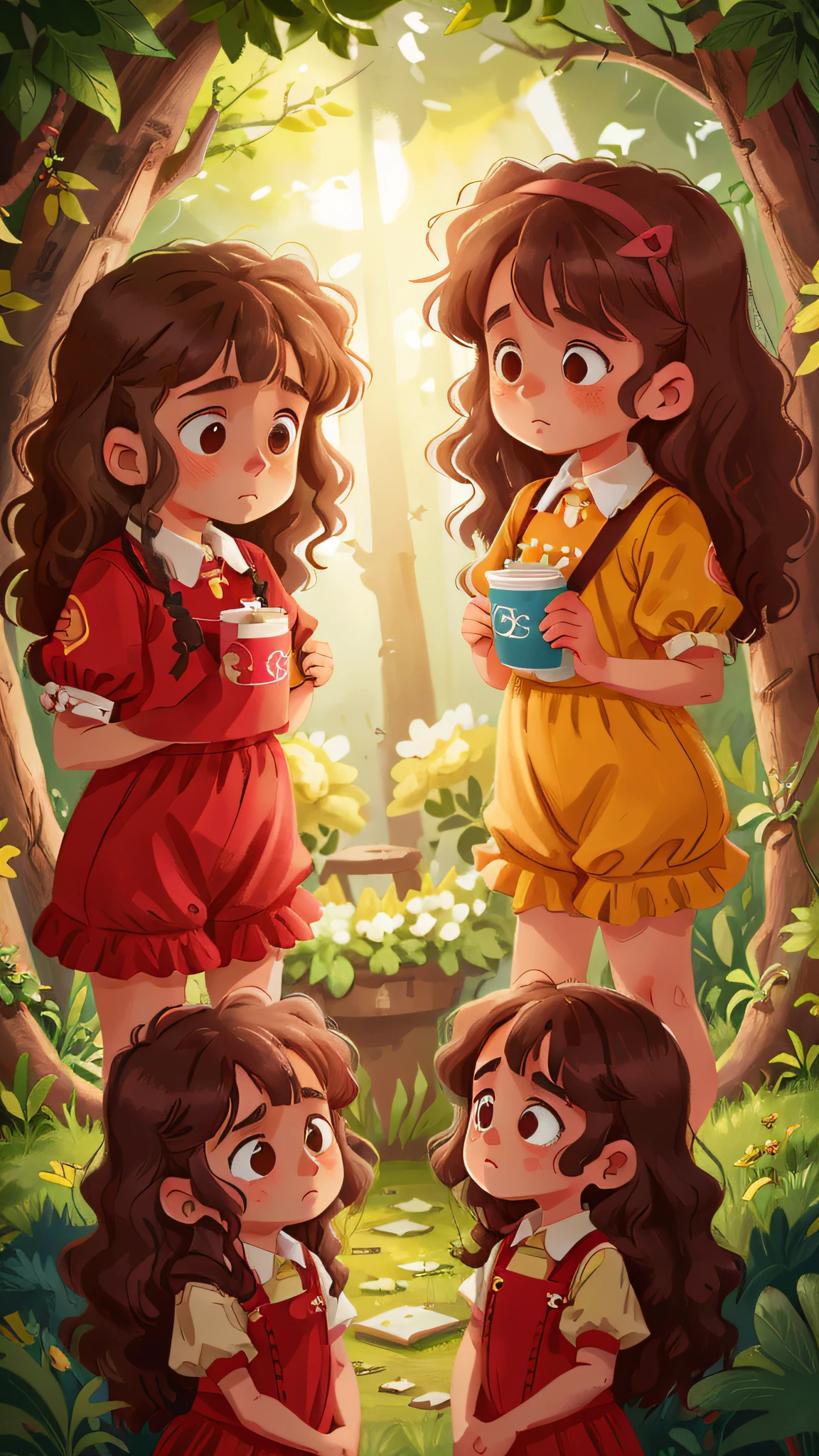 Two twin girls with curly brown hair, Livia and Lavinia help two sad children.