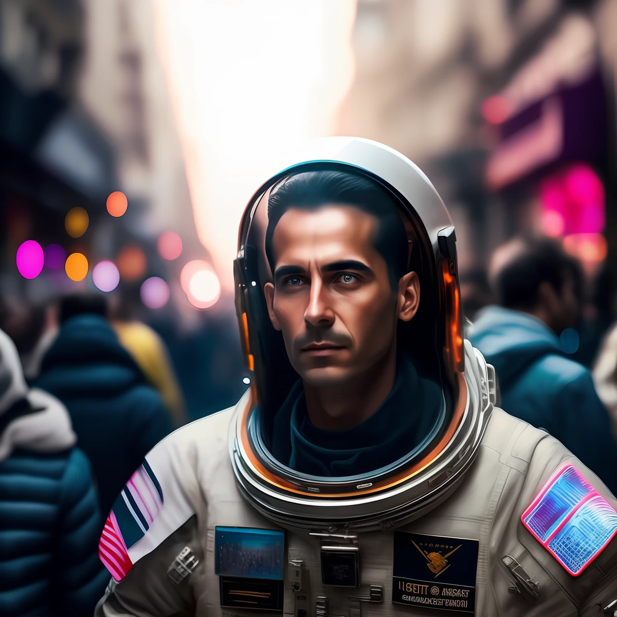 close up photo of cool one head astronaut in the middle of crowded people and smooky street, potrait, dimension for story in IG, soft volumetric lights, (backlit:1.3), (cinematic:1.2), intricate details, (ArtStation:1.3), Rutkowski