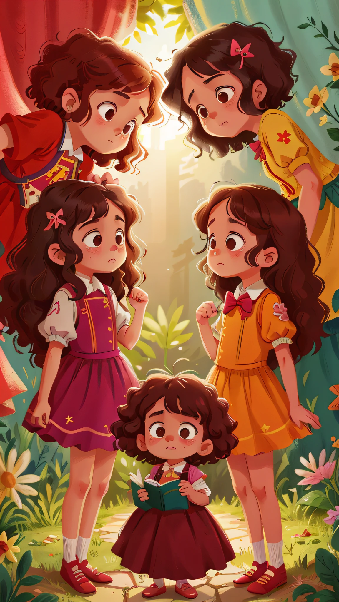 Two twin girls with curly brown hair, Livia and Lavinia help two sad children.