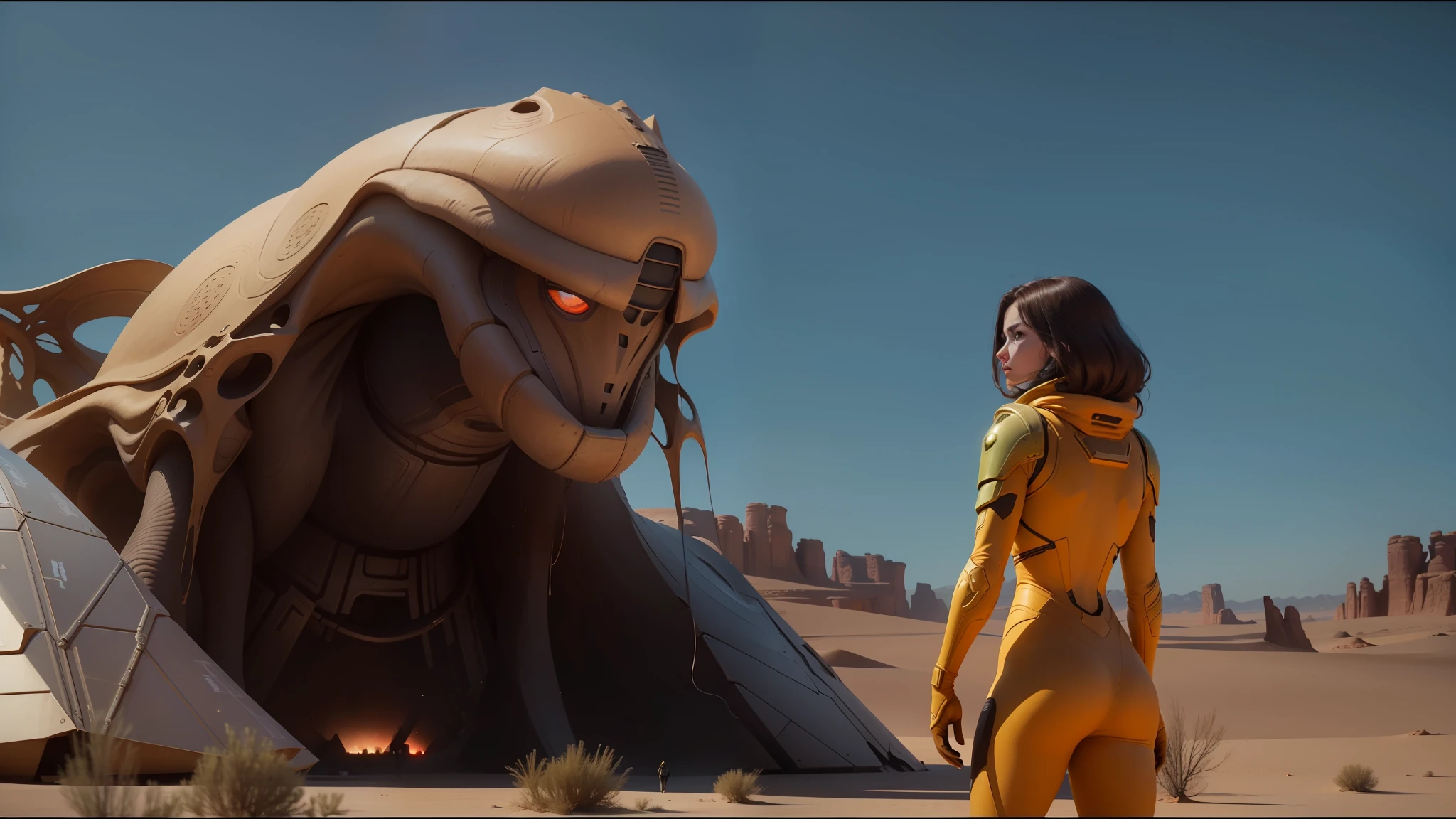 there is a woman standing in front of a giant alien creature, still from movie dune, film still from movie dune-2021, from a 2 0 1 9 sci fi 8 k movie, movie still of the alien girl, scene from dune 2 0 2 1 movie, still from half-life movie, dune (2021) --auto --s2