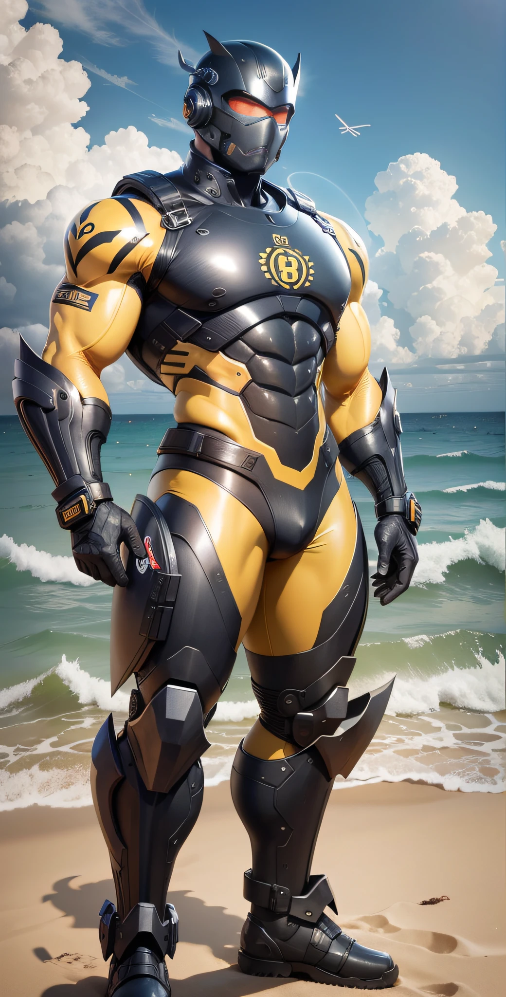 Man in yellow and black clothes standing on the sunny beach, muscular man, American round inch, Buzz cut, muscular! Wearing black sunglasses, mechanical mask, round head Buzz Cut, stealth suit, symmetrical pattern texture design, best picture quality and resolution, character design special forces, black military boots, attractive strong men and armor, weaving sunlight shining through the clouds on the body, Li Xiaoxiao