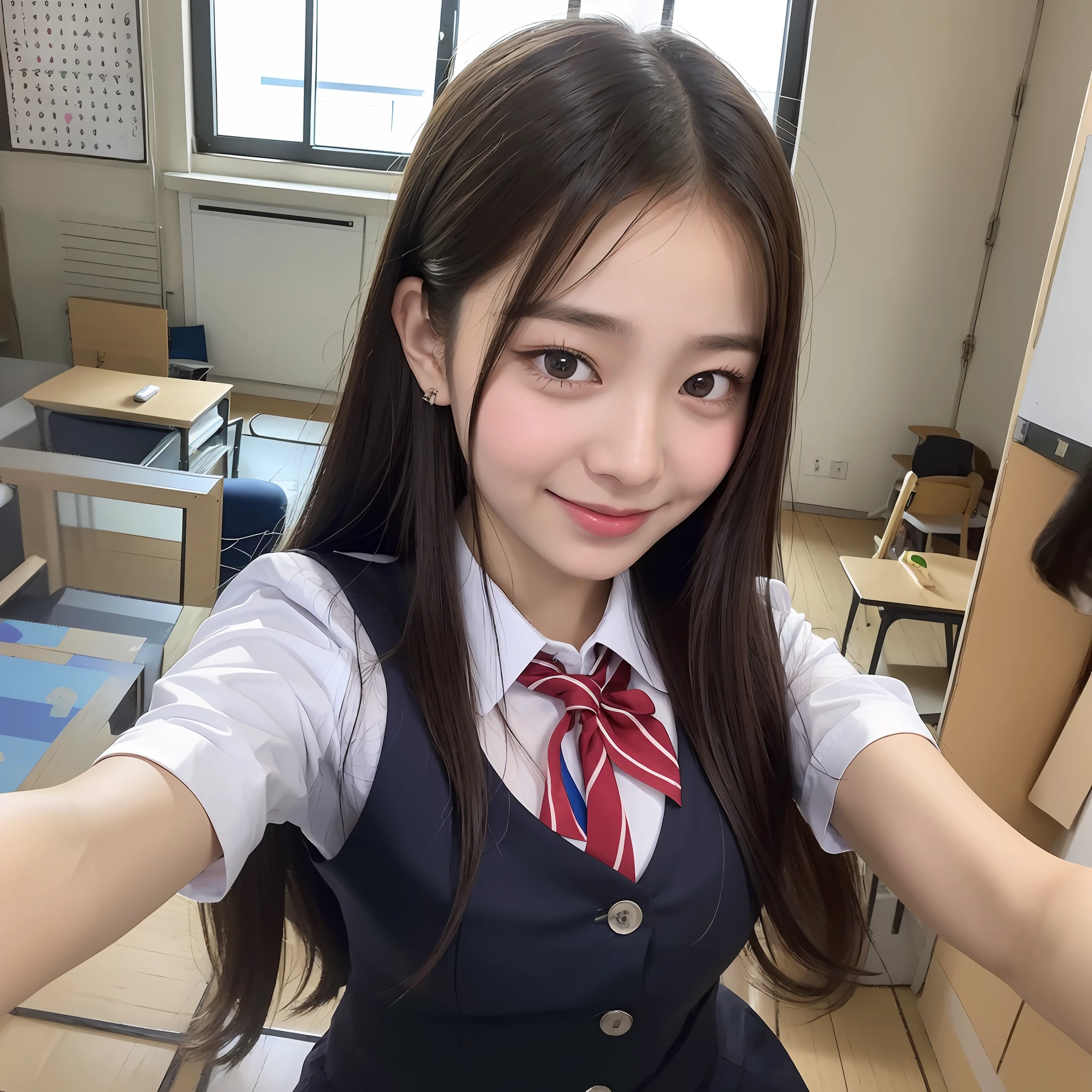 Arafad woman taking selfie with cell phone in classroom, 8k selfie photo, Thai girl, girl portrait, wearing school uniform, selfie of young woman, young cute wanya face, wearing headmistress uniform, selfie straight angle, kind face, Southeast Asian round face, Nivanh Chantara, 🤤 (((((room))))), smile --auto --s2