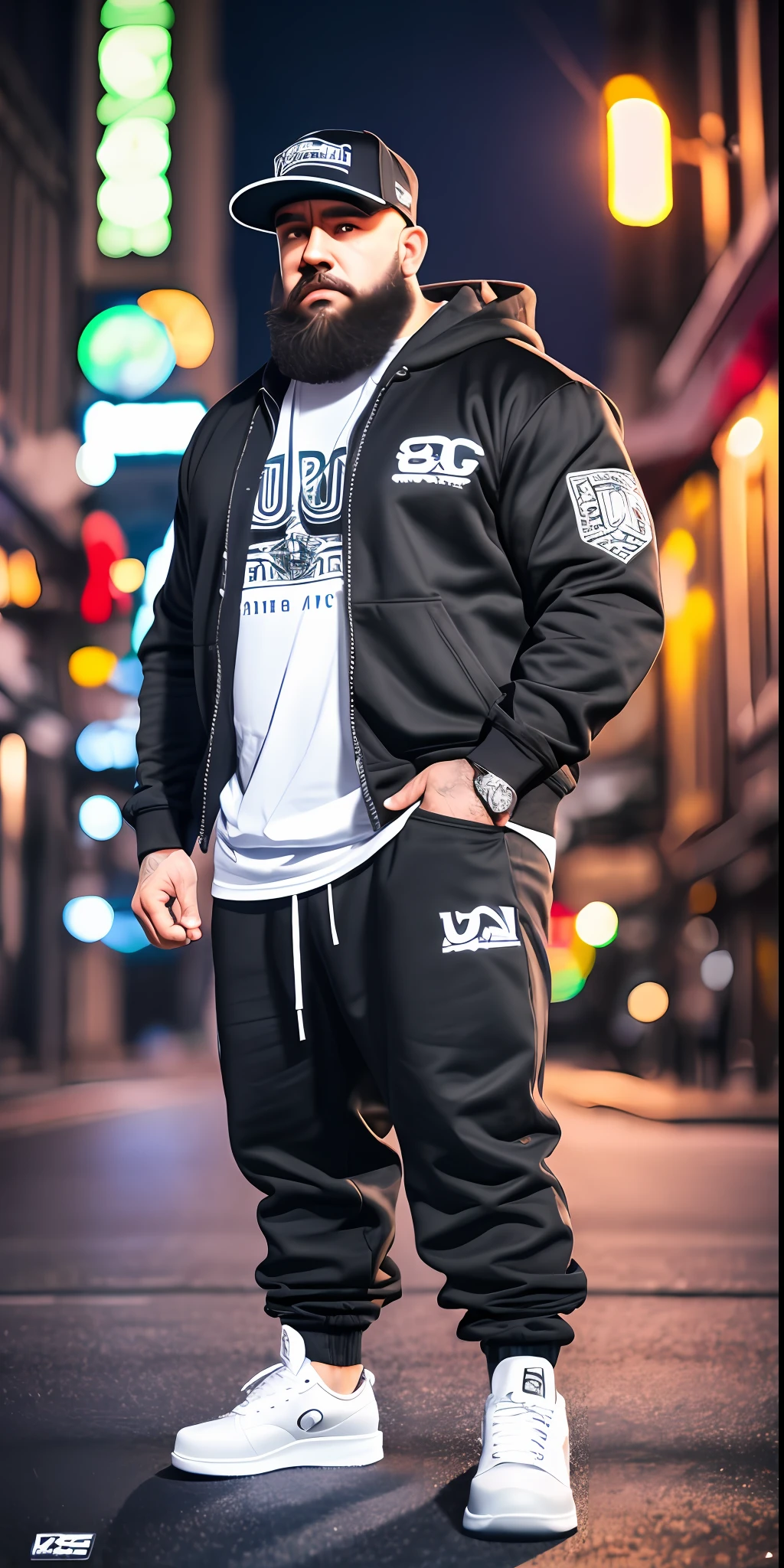 80kg man, a 30s, big beard, cap, hip-hop clothes, Angry, full body, standing, night street, realism, ultra definition, 8k, ultra quality, white skin, skate shoes, Winter clothes