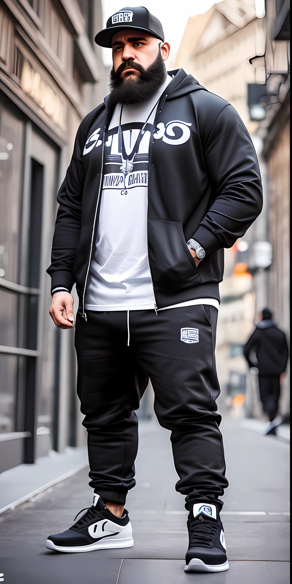 80kg man, a 30s, big beard, cap, hip-hop clothes, Angry, full body, standing, night street, realism, ultra definition, 8k, ultra quality, white skin, skate shoes, Winter clothes