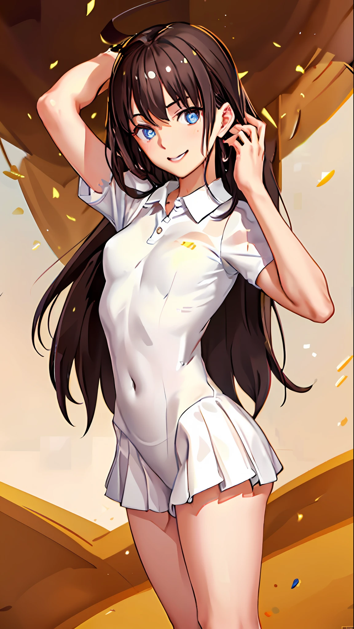 brown hair, lovely smile, absurdity, masterpiece, best quality, real, ultra detailed, (shiny skin, sweaty:1.4), watch viewer, slender, one girl, solo, tennis wear, white polo shirt, white sneakers, white mini skirt, small tits, (thighs:0.4), dynamic lighting, high resolution, sharp focus, depth of field, ponytail, black hair, blue eyes