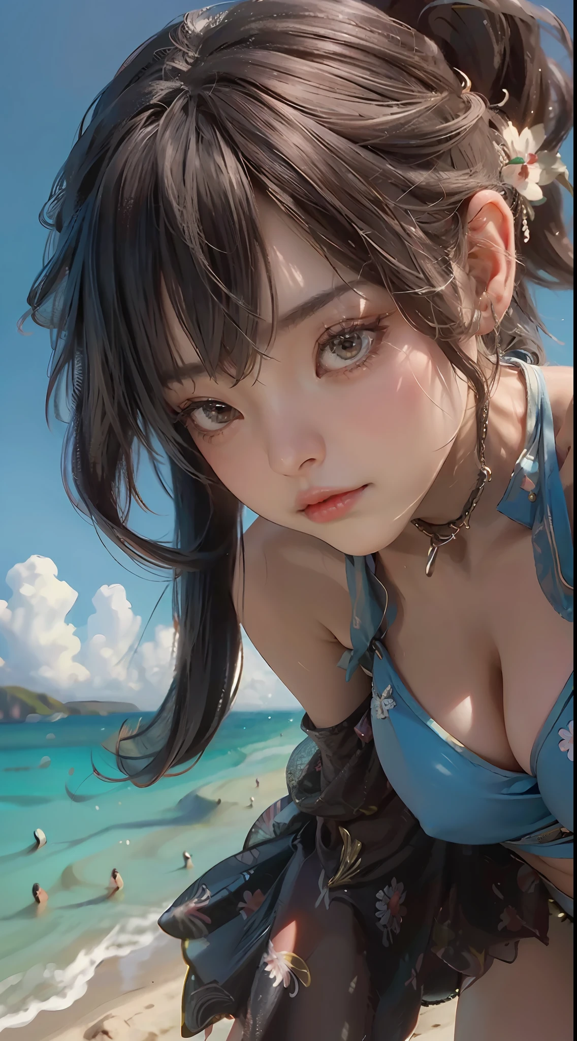 woman, (((from below))), quiet seaside, perspective, (seductive pose), looking at the viewer, crazy, bikini cut, (eye contact), asian, realistic, masterpiece, realistic, high contrast, super detailed, best quality, super high resolution, realistic, high resolution, high resolution, detailed, original photo,
