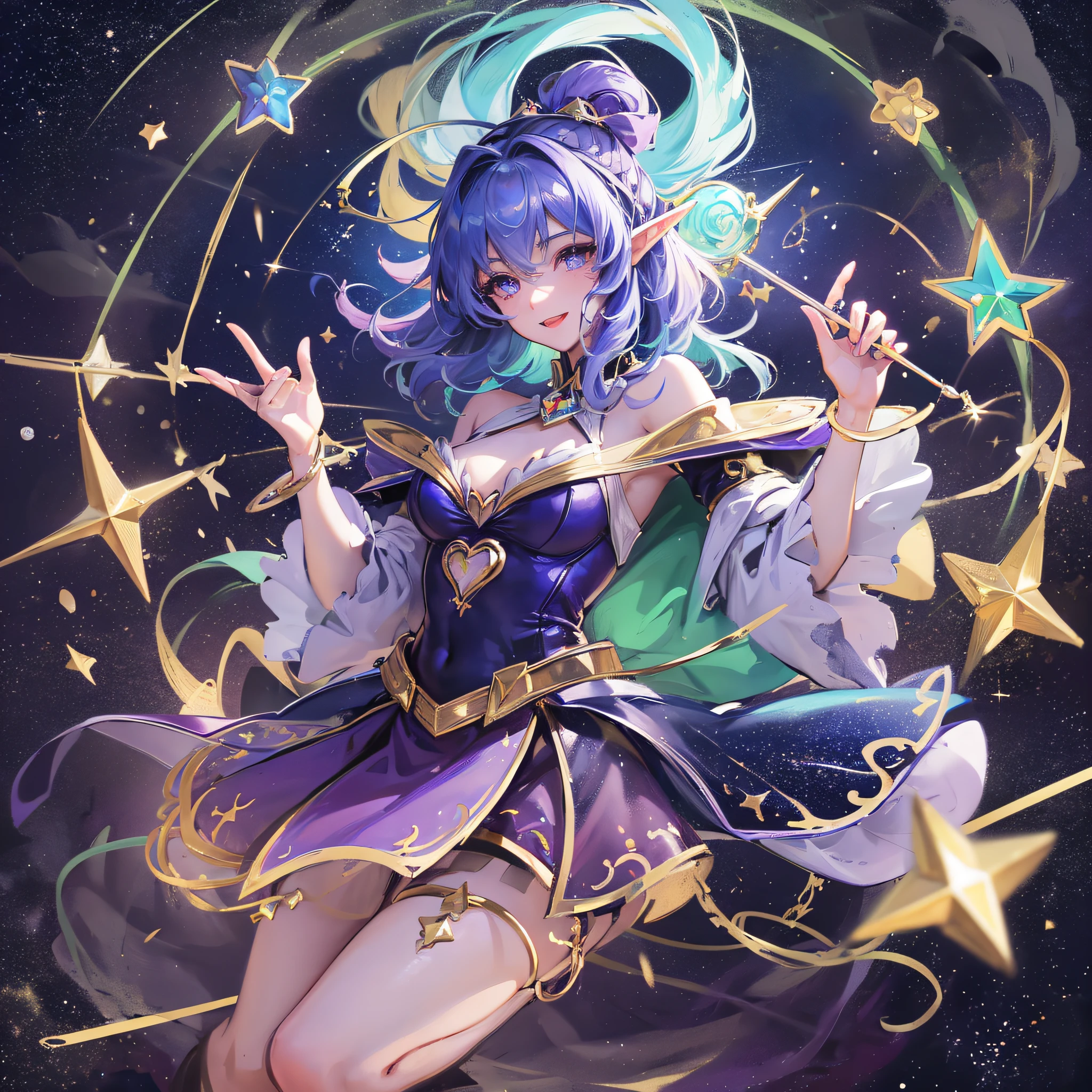 1 Girl, Magic, Universe, Magical Girl, Constellation Elf, Milky Way, Shooting Star, Starry Dot, Double Tail, Medium Hair, Headband, Smile, Fly, Masterpiece, Best Quality, High Quality, Ultra High Quality, Dark Blue Picture, Purple Style, Full Body Photo, Top View --auto --s2