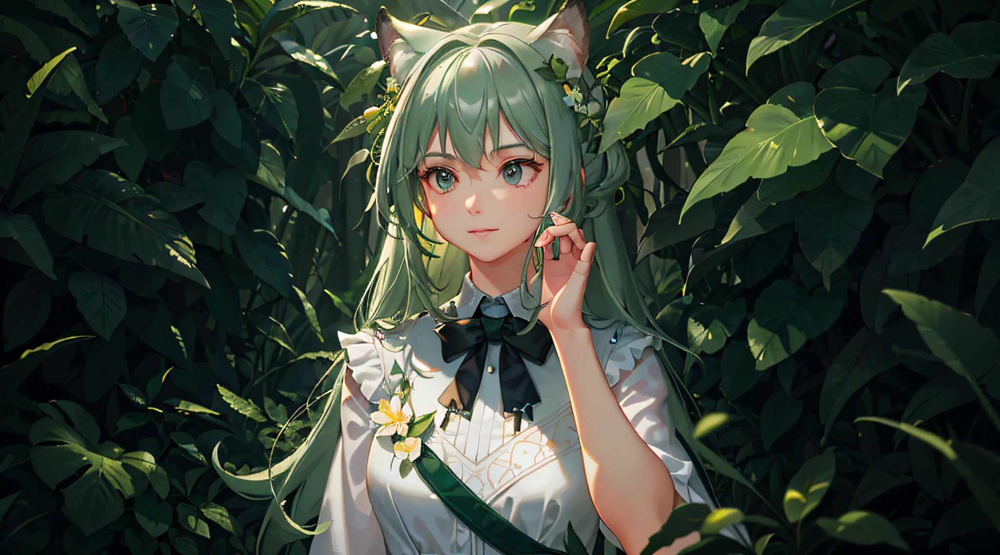 (amazing quality, masterfully crafted and detailed), sophisticated jungle, light foggy covering, bright green leaves and grass, colorful flowers around, dynamic camera angle adding depth, magical light creating an amazing mystery. (very detailed CG wallpaper unified 8k) --v 6