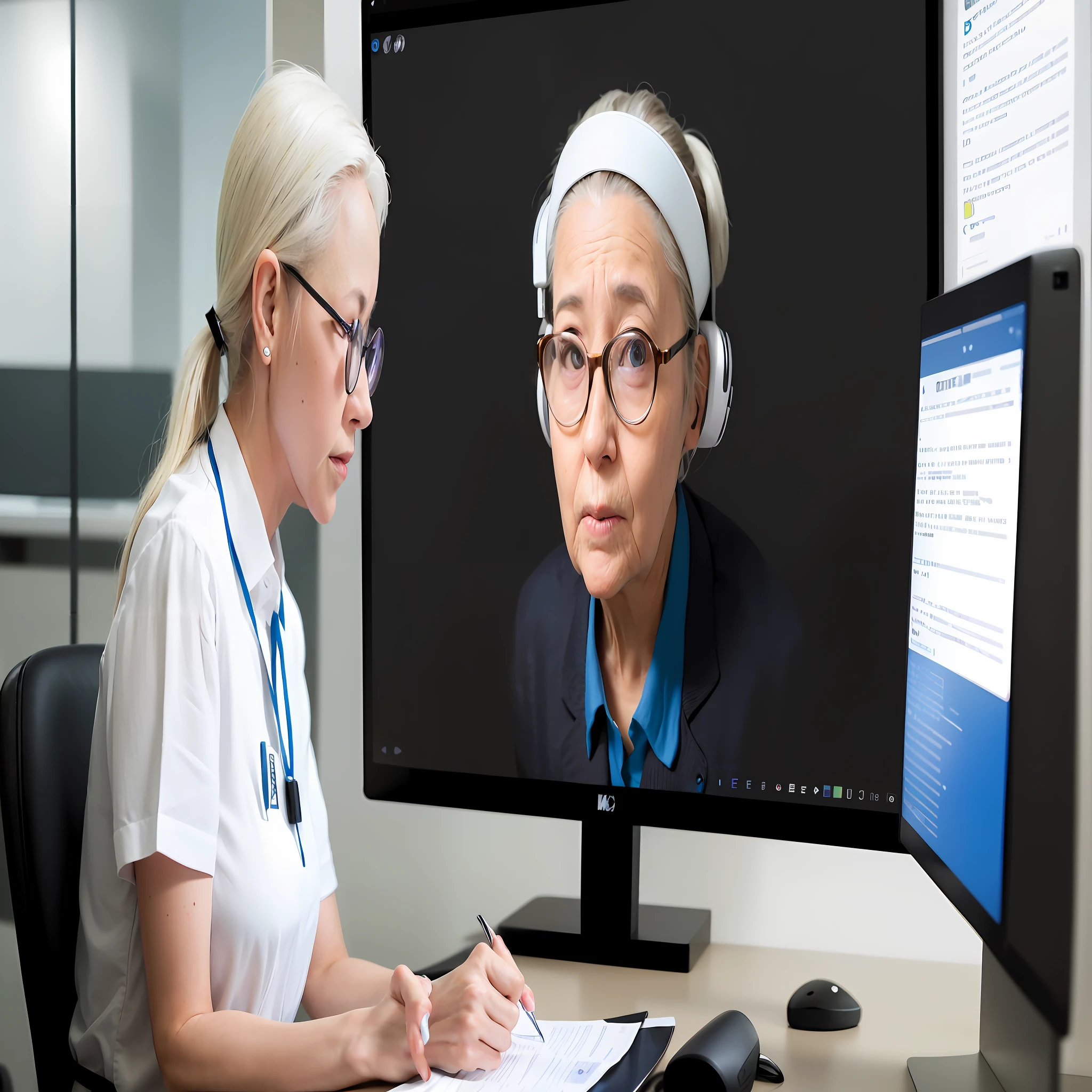 Woman in white shirt and glasses sitting straight at the desk with computer monitor, looking at monitor, talking quietly 8k, very intense, wearing headphones, very high resolution, safe expression, in front of a computer, trending,, super high resolution, sitting in front of the computer, a screen with ranking taken in 2022, screenshot with ranking