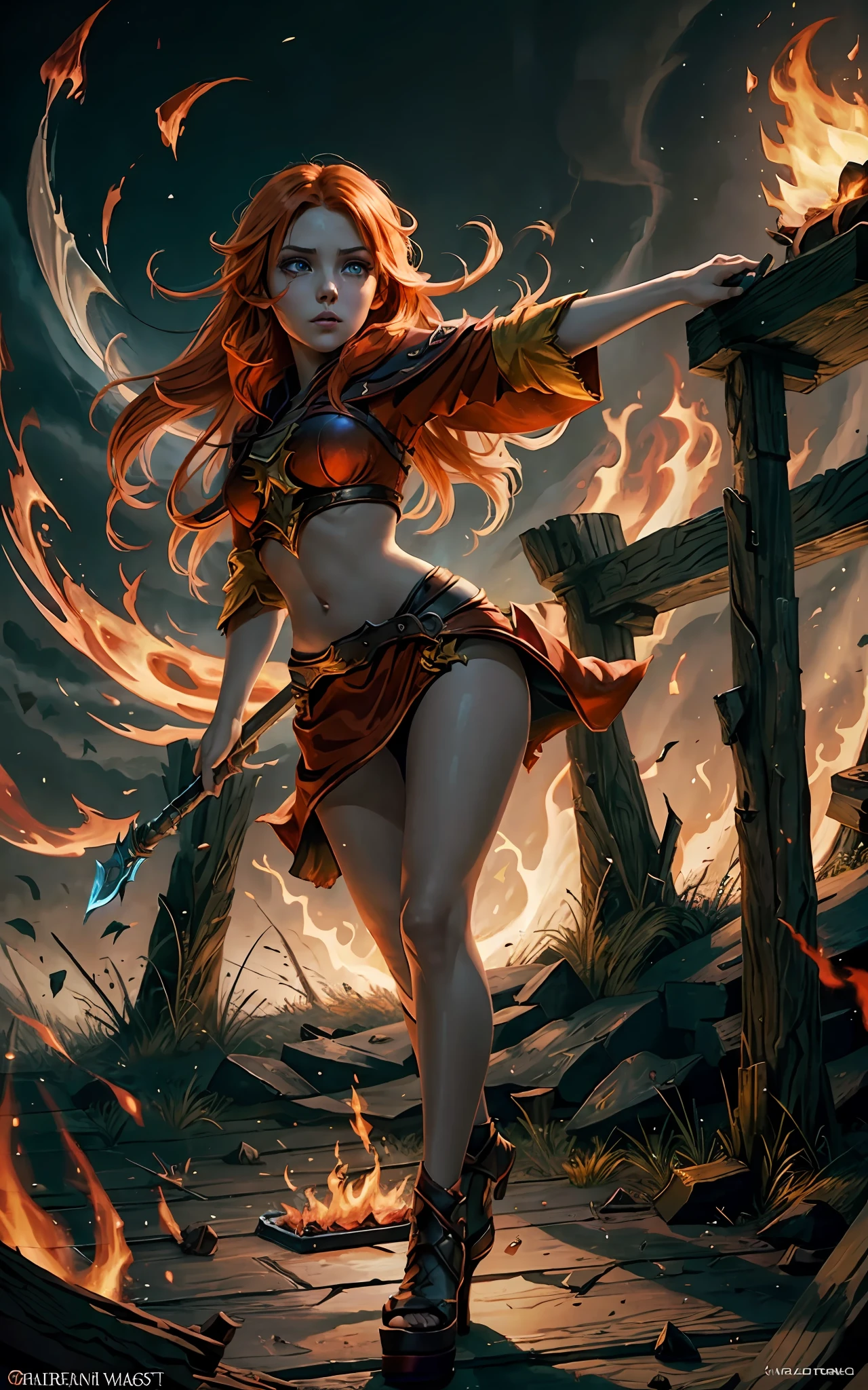 An outstanding beautiful white girl painting, firelight, flame surrounding, fire magic messenger, dota 2 fire girl style, ghost knife style, fire-like hair, long red hair, watery blue big eyes, thin waist, wide hips, mage robes, magic colors, World of Warcraft style, By Blizzard Entertainment, Ultra HD, 8K, real skin texture, best light, best shadow, Lina from dota2, action, wizarding world, Prone view, small mouth, small nose, big eyes, cute, full body, perfect body proportions, big sagging breasts, enhanced contrast, fire dragon as background, void fragments