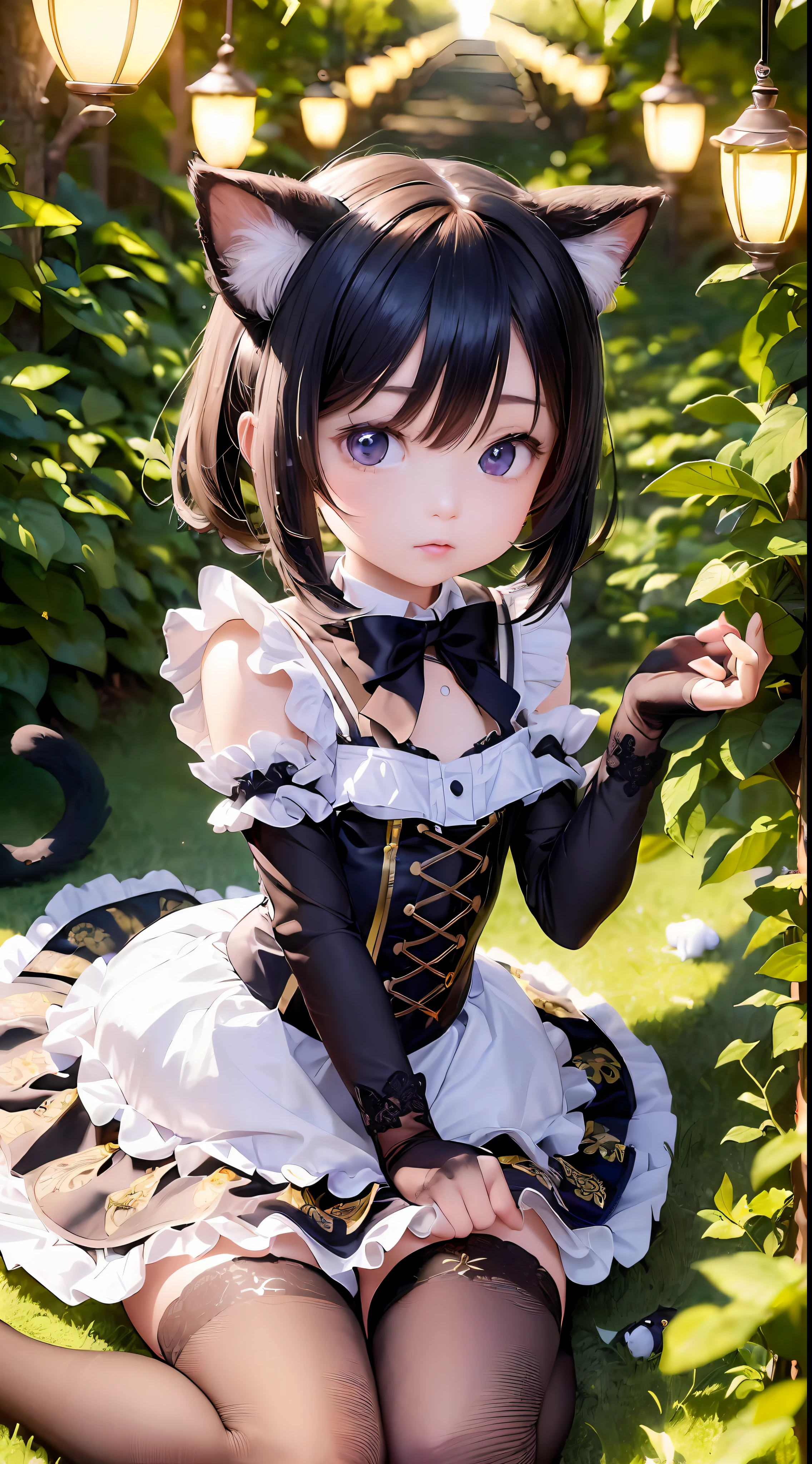 (16K ultra-fine CG wallpaper, excellent picture quality, delicate texture), (beautiful and detailed light and shadow), (18K close-up) anime style, loli girl, with cat ears, stockings, maid outfit, garden, fireflies, fantasy lights, create fantasy effects.