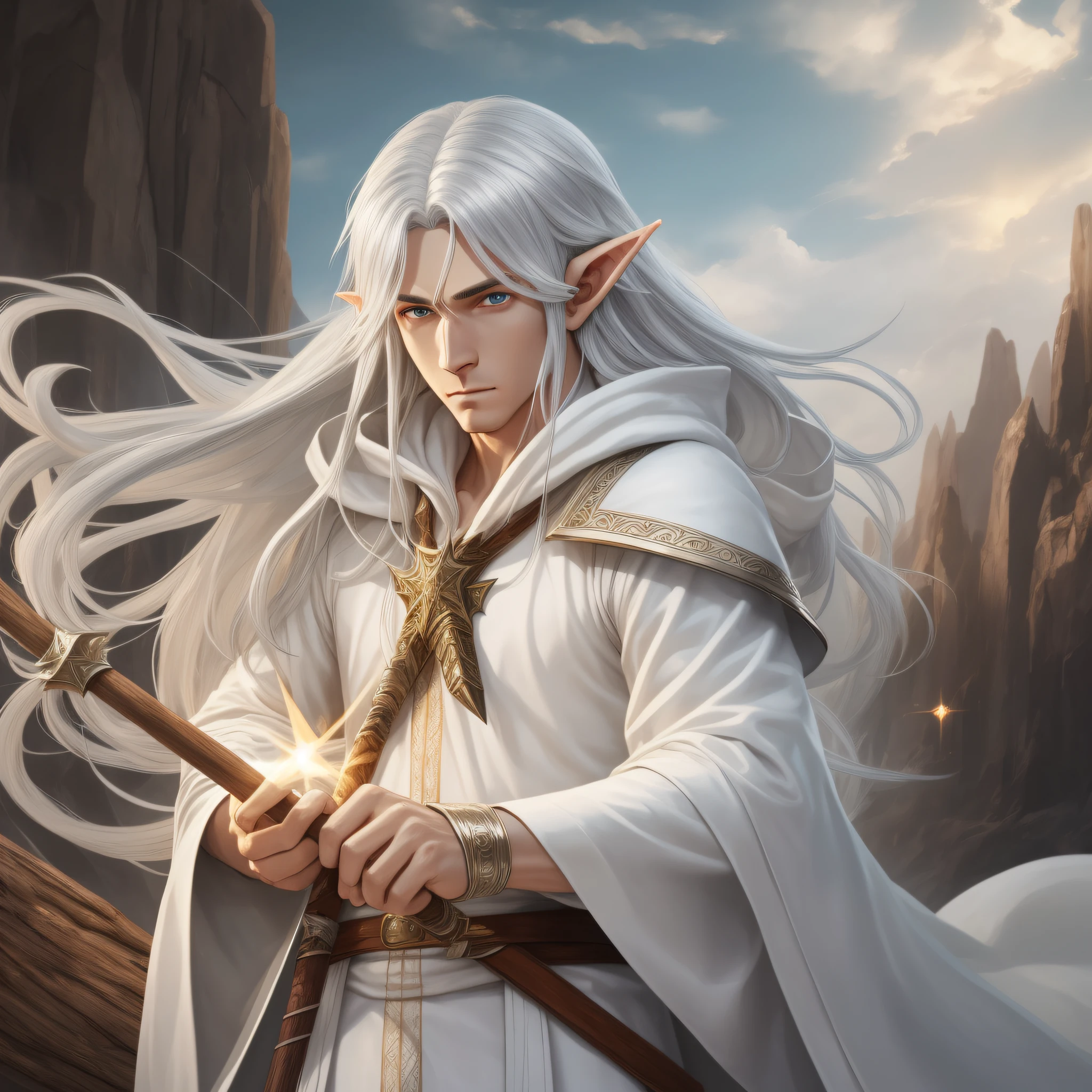 Super high quality, CG style, male elf, fair complexion, long straight silver hair, wearing a white mage robe and holding a wooden staff, his eyes are detached, and the background is desert.