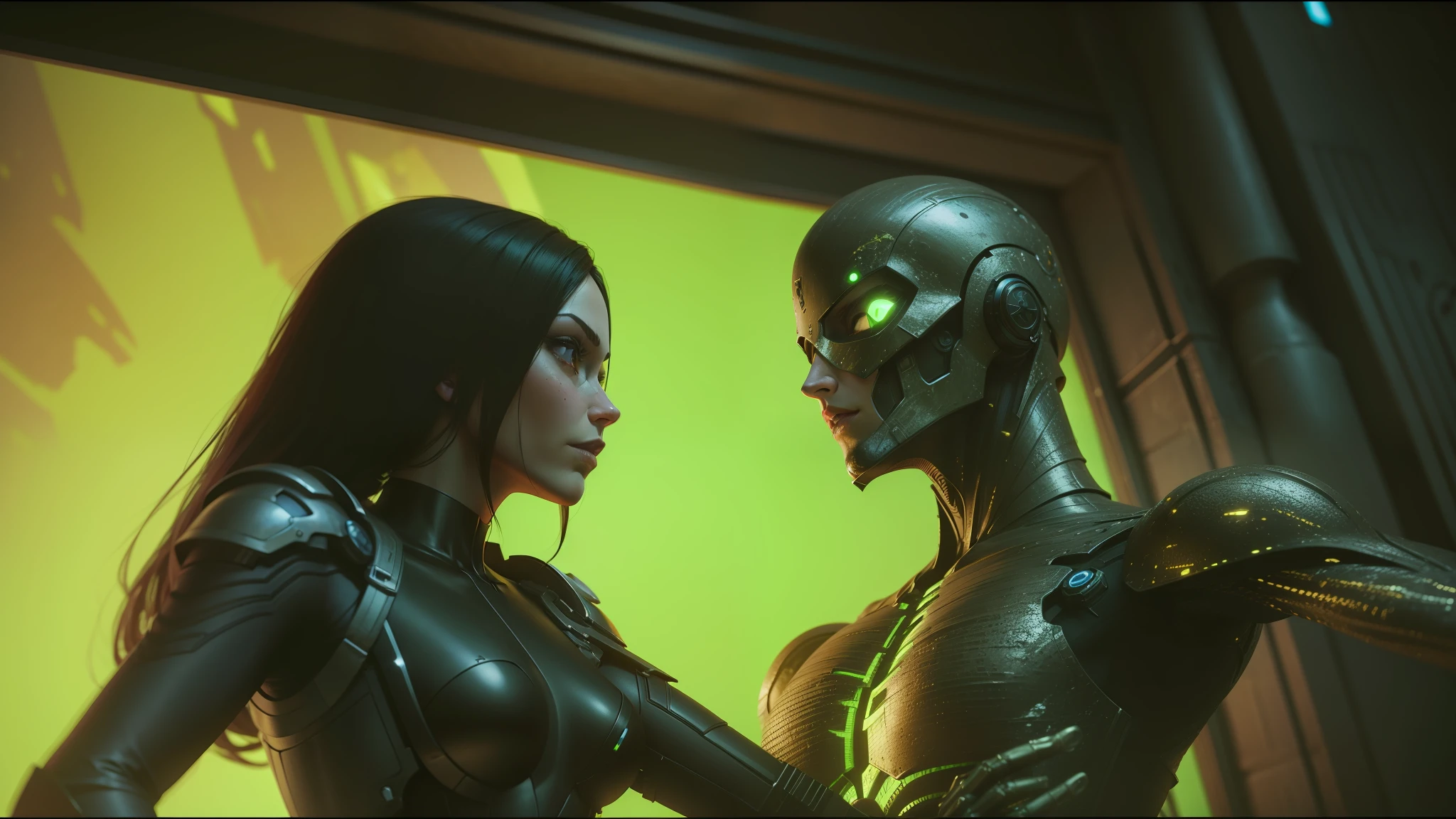 there is a woman and a man in a sci - fior suit, still from alita, still from animated horror movie, movie still of the alien girl, love death + robots, phantom dust gameplay screenshot, comic book:.2 | unreal engine:.3, movie screenshot, amouranth as a super villain, love death and robots, cgsociety 9 --auto --s2