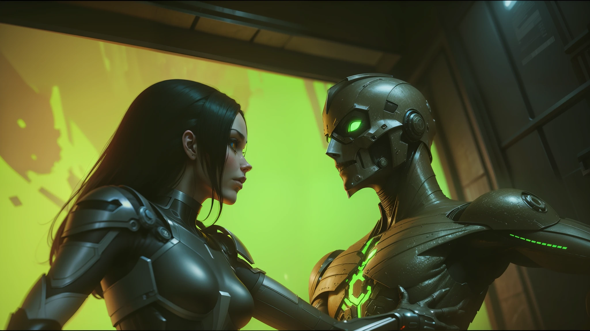 there is a woman and a man in a sci - fior suit, still from alita, still from animated horror movie, movie still of the alien girl, love death + robots, phantom dust gameplay screenshot, comic book:.2 | unreal engine:.3, movie screenshot, amouranth as a super villain, love death and robots, cgsociety 9 --auto --s2