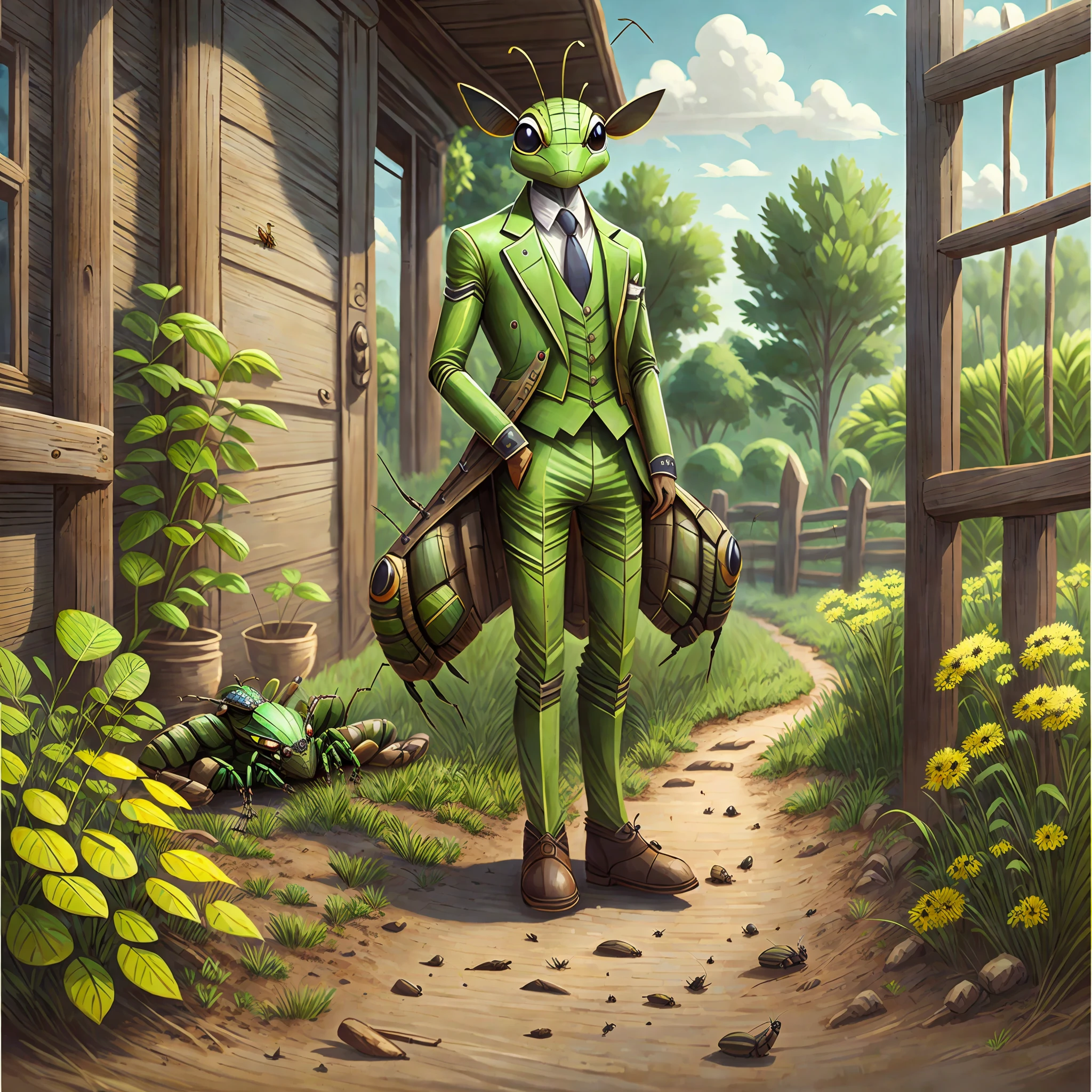 Realistic grasshopper insect, wearing elegant suit, in a rustic and charming farm. --auto --s2