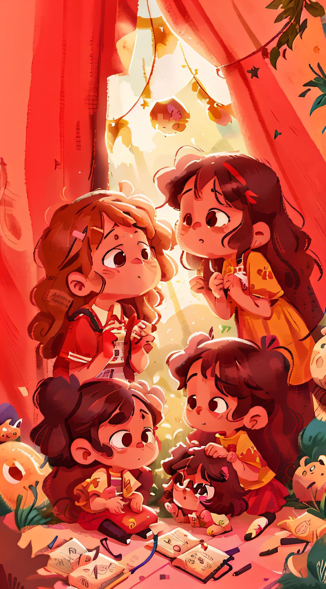 Two twin girls with curly brown hair, Livia and Lavinia help two sad children.