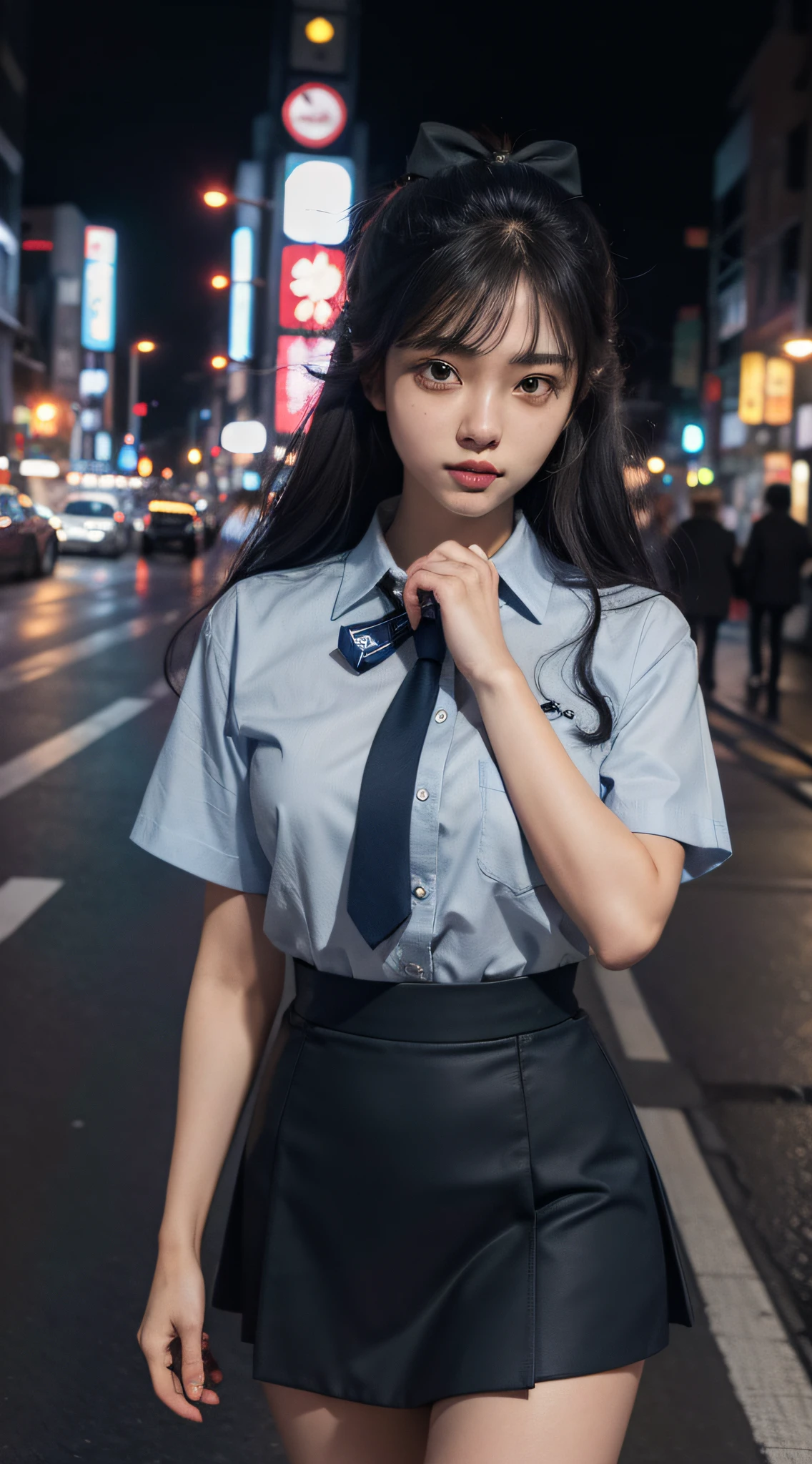 (8k, RAW photo, best quality, masterpiece: 1.3), (realistic, photo fidelity: 1.37), (nighttime), (viewer: 1.331), (gray hair), pose, Tokyo Street, night city view, cyberpunk city, soft light, 1 girl, very beautiful face, bust, hands down, random hairstyle, random expression, big eyes, , lower abdomen, (short sleeve JK_shirt), JK_style, (dark blue JK_skirt), (bow JK_ tie),mix4