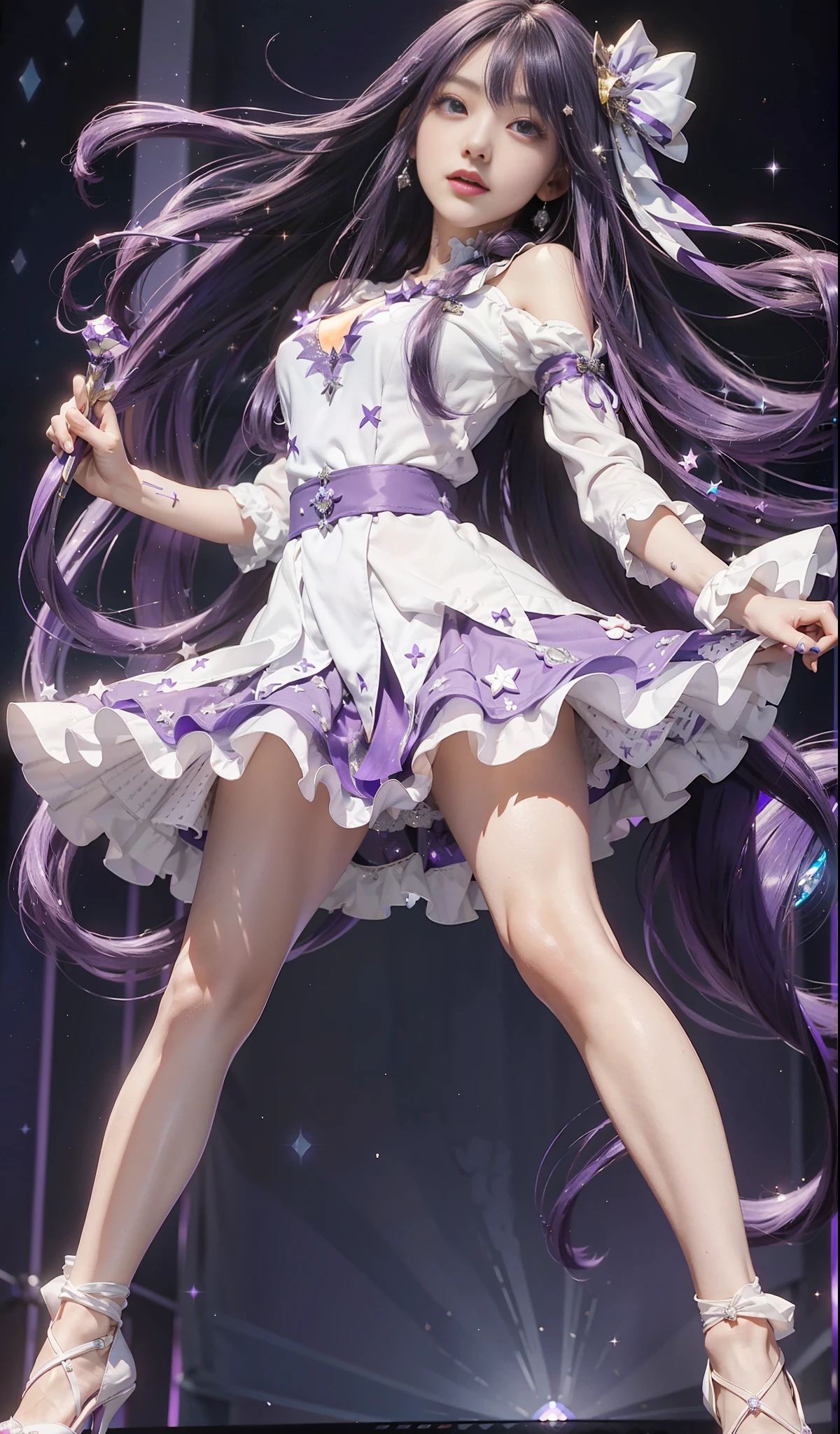 (1 Girl: 0.6) Ai Hoshino, girl with long hair and purple dress holding a magic wand, purple albedo, anime moe art style, (movie quality: 0.3), anime girl, singer, purple eyes, magical girl, zero sauce art, magical girl anime real hou shoujo, white shirt, purple long hair, (bare legs), (stars), (delicate facial features: 0.6), head decoration, (delicate hands: 0.9), white dress, (big eyes: 0.5), singing, smiling, stage lighting, standing, high heels , (pattern adorns head), normal head, (long purple hair: 0.5), (shawl scattered), (diamond shine: 0.9)