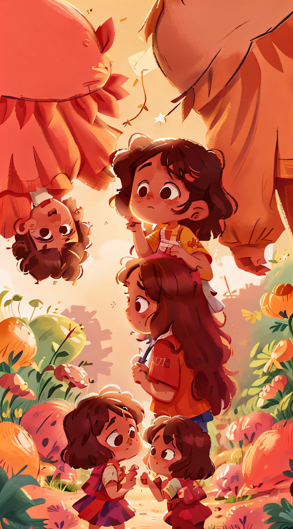 Two twin girls with curly brown hair, Livia and Lavinia help two sad children.