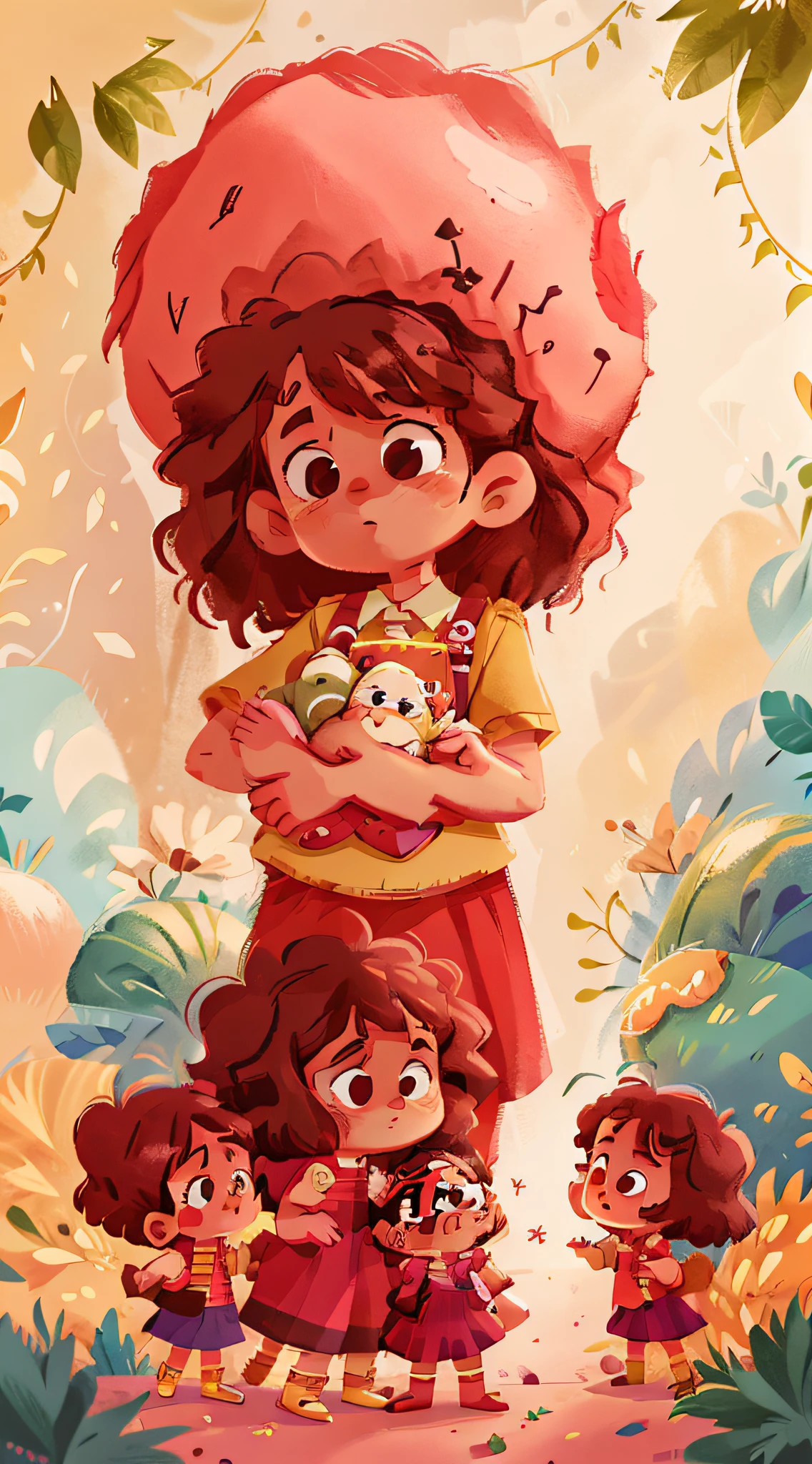 Two twin girls with curly brown hair, Livia and Lavinia help two sad children.