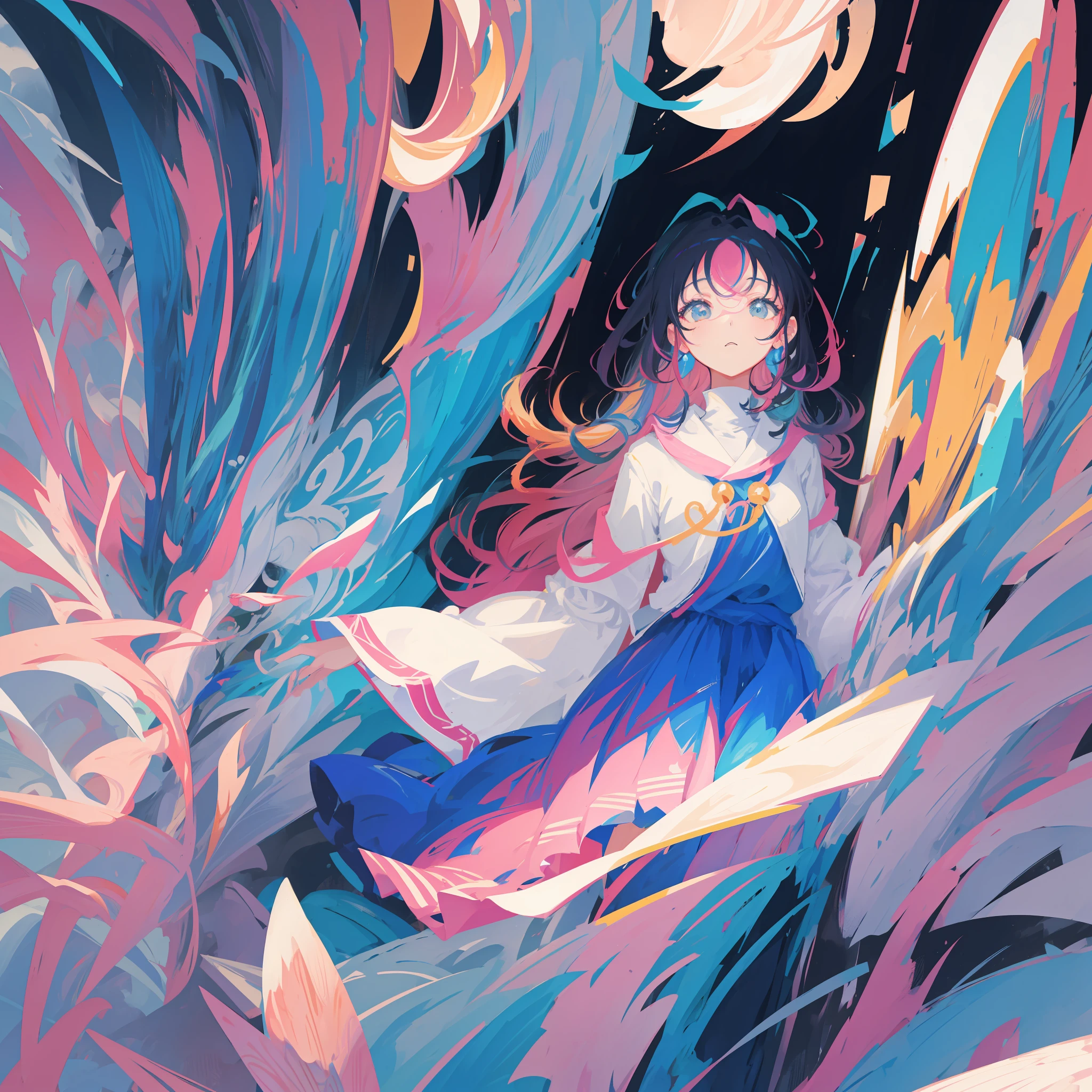 Tomer Hanuka, Hiroyo Araki, high-quality anime girl art drawing from Studio Ghibli), realistic anime eyes, surreal details using gradient cartoon coloring, (masterpiece, top quality, best quality, beauty and beauty: 1.2), (1 girl: 1.3), extreme detail, (color: 1.1)), (color background 1:1), highest detail, detailed background, masterpiece, 8K, colored wings, colored long hair