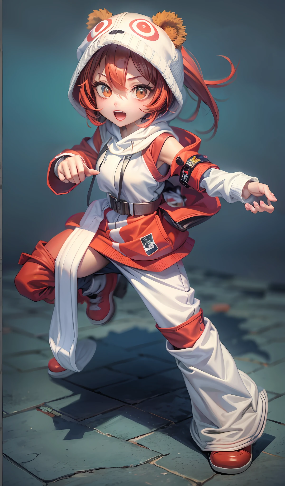 Masterpiece, best quality, official art, 8k wallpaper, very detailed, illustration, 1 girl, red hair, hooded sweatshirt, bear motif on hat