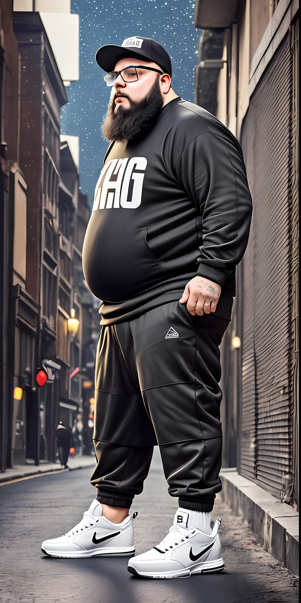 Fat man 120kg, a 30 years, glasses, big beard, cap, hip-hop clothes, Angry, full body, standing, night street, realism, ultra definition, 8k, ultra quality, white skin, skate shoes, Winter clothes