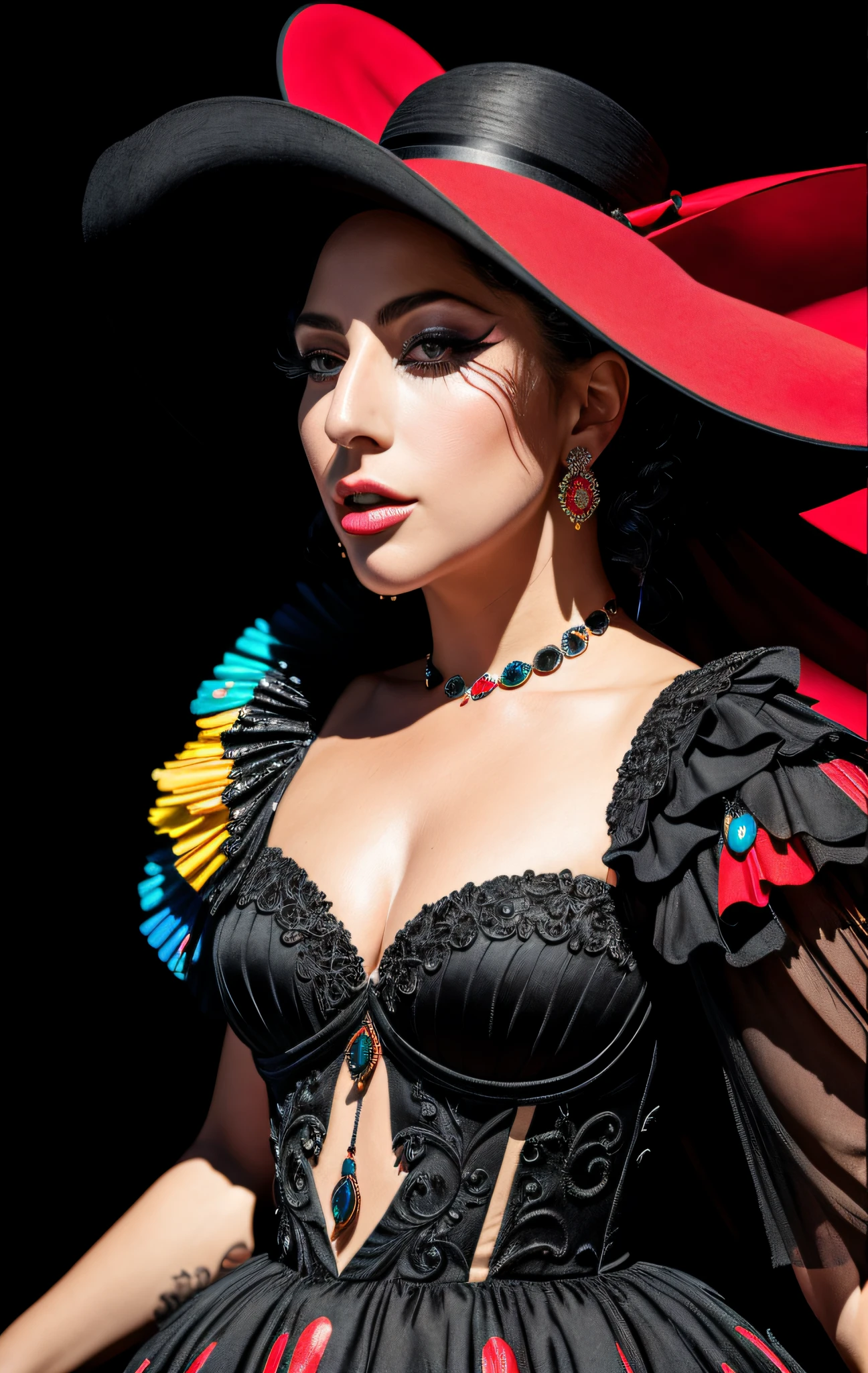 Lady Gaga,masterpiece, 4K, best quality, absurd, white background, FOCUS ON THE FACE, (masterpiece, top quality, best quality, official art, beautiful and aesthetic: 1.2), extremely detailed, colorful, more detailed, (REALISTIC: 1.3),, vivid texture, rich colors, unique visual effect, (masterpiece, top quality, official art), (light painting), dynamic ranges, extremely detailed, black, red and black paintings, captured candid moments, fallen, , a woman wearing a chic blue dress decorated with bright jewelry, cowboy shot,