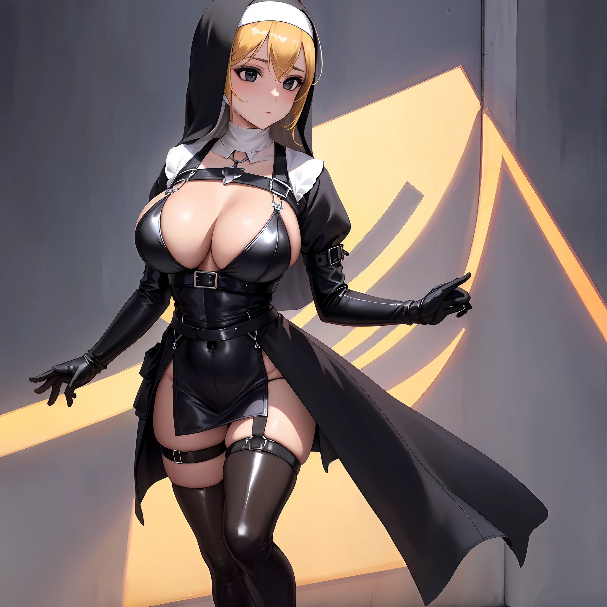 beautiful, masterpiece, simple background, white background, best quality, detailled image, colorfull, vibrant colors, detailed face, perfect lighting, pefect shadows, perfect eyes, mask, leather legwear, harness, chest harness, standing, wide anglelooking at viewer, black eyes, pefect face, vell, gloves, perfect hair, nun, gorgeous body, hourglass body, shiny body, 1girl, solo, pefect, solo focus, exposed chest, high heels, big breast, bimbo, big ass,choker, sexy_nun,