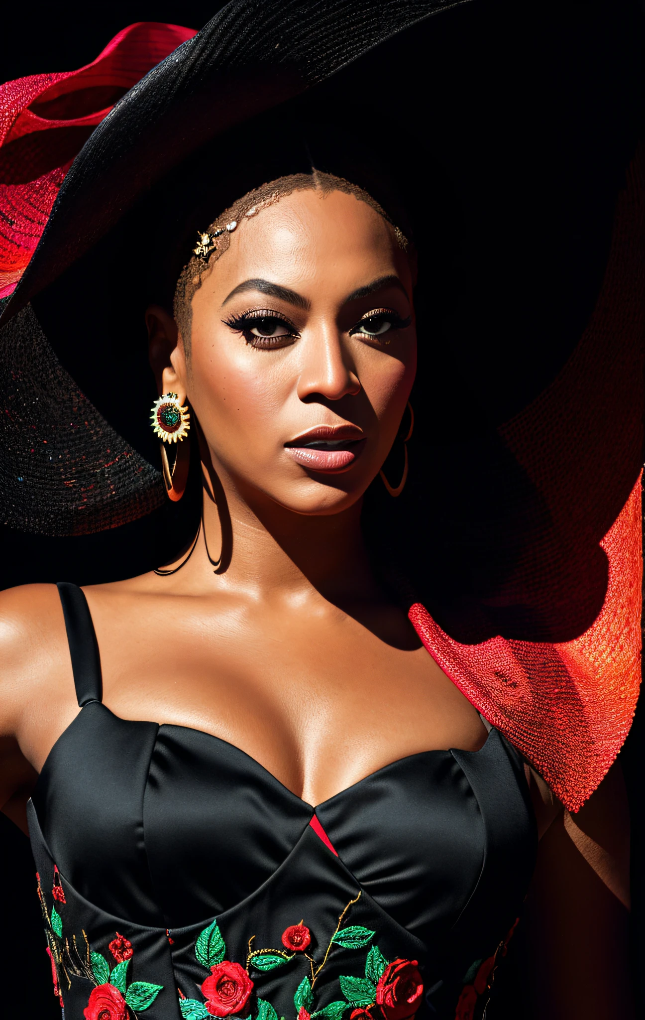 Beyoncé,masterpiece, 4K, best quality, absurd, white background, FOCUS ON THE FACE, (masterpiece, top quality, best quality, official art, beautiful and aesthetic: 1.2), extremely detailed, colorful, more detailed, (REALISTIC: 1.3),, vivid texture, rich colors, unique visual effect, (masterpiece, superior quality, official art), (light painting), dynamic ranges, extremely detailed, black, red and black paintings, captured candid moments,  fallen, , a woman wearing a chic blue dress decorated with bright jewelry, cowboy shot,