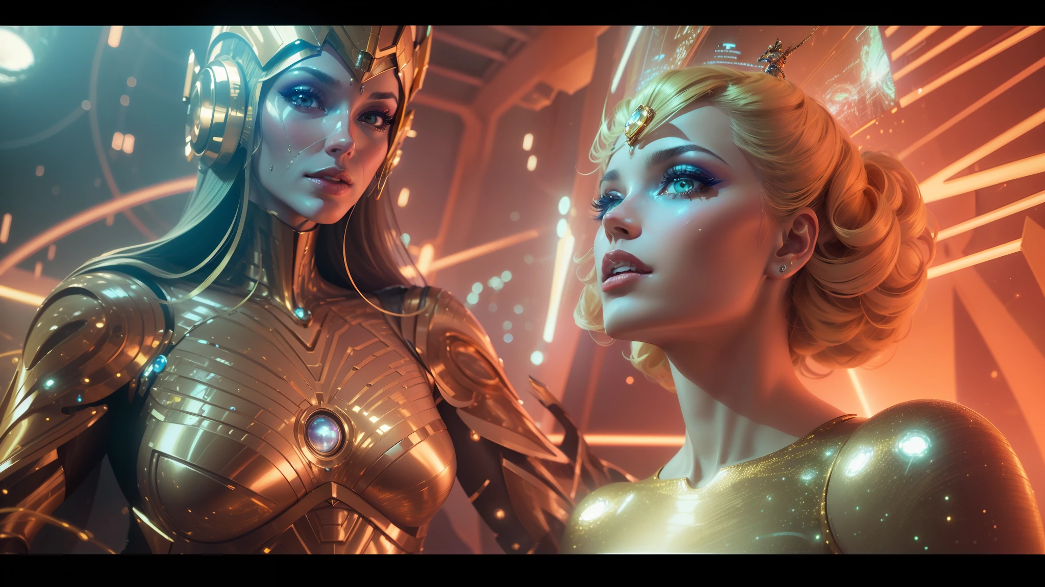 a close up of a woman in a gold dress next to a robot, greg rutkowski and mario testino, kylie minogue as barbarella, cyborg goddess in cosmos, david la chapelle, beauty woman in holograms, art deco of a space woman, unreal engine : : rave makeup, otherworldly visuals, moebius and android jones --auto --s2