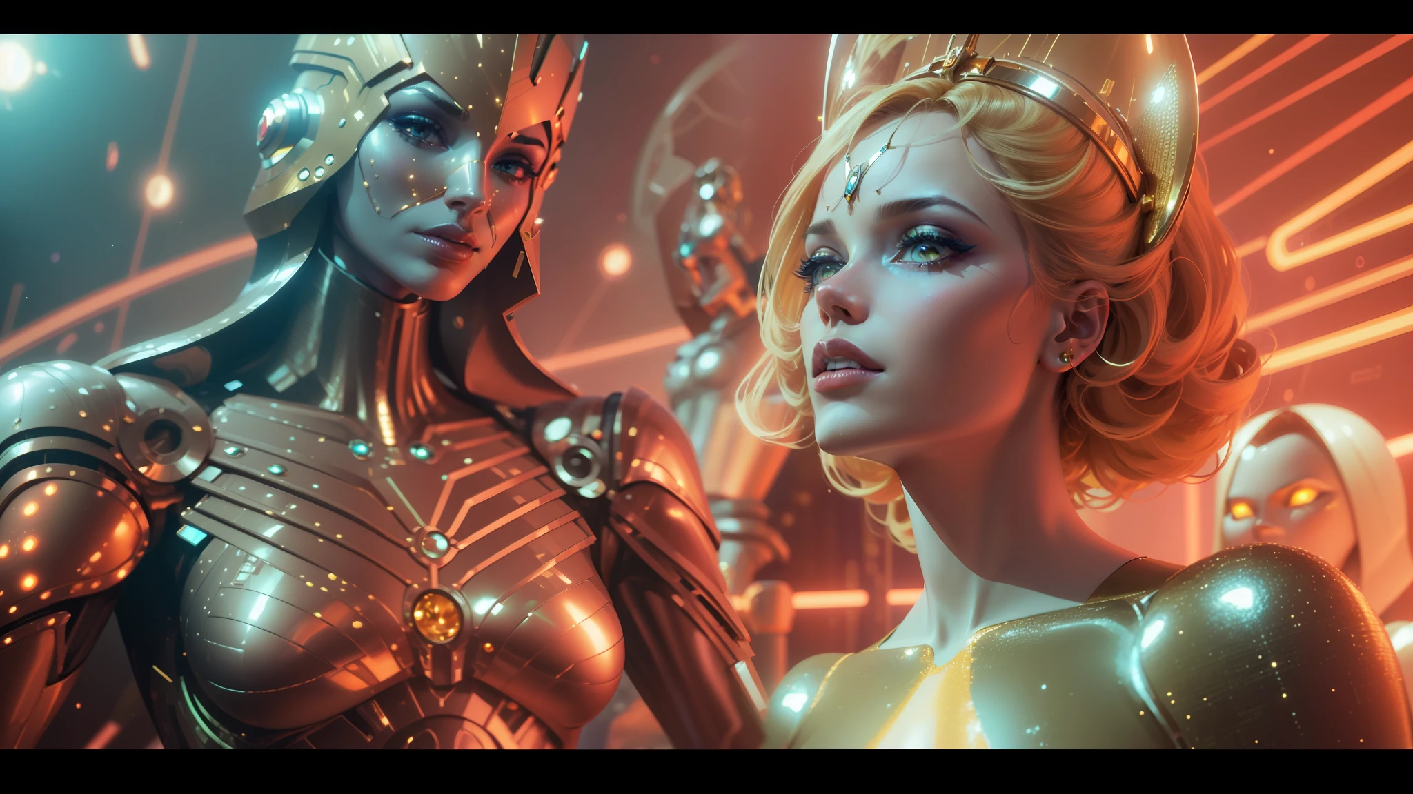 a close up of a woman in a gold dress next to a robot, greg rutkowski and mario testino, kylie minogue as barbarella, cyborg goddess in cosmos, david la chapelle, beauty woman in holograms, art deco of a space woman, unreal engine : : rave makeup, otherworldly visuals, moebius and android jones --auto --s2