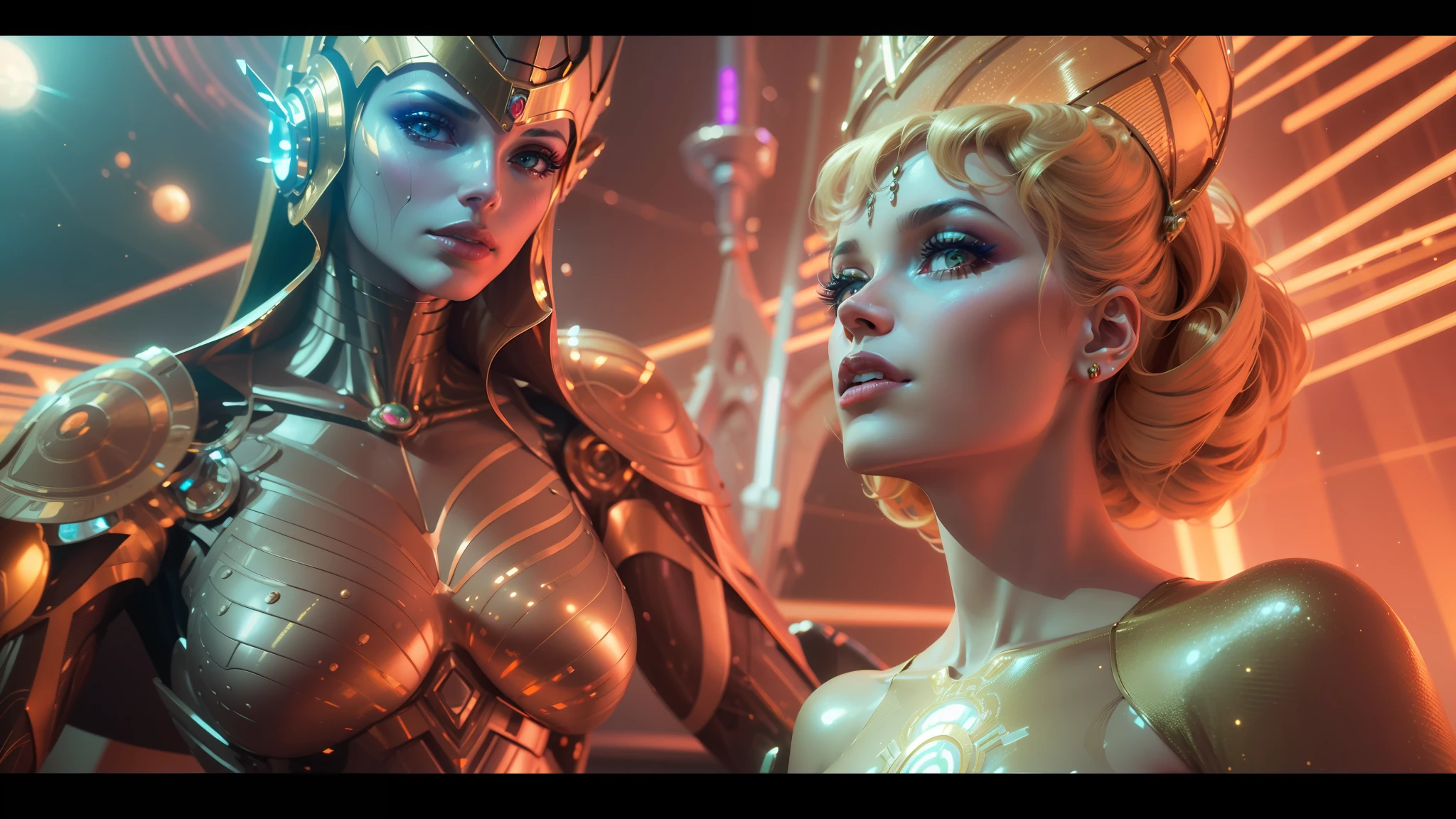 a close up of a woman in a gold dress next to a robot, greg rutkowski and mario testino, kylie minogue as barbarella, cyborg goddess in cosmos, david la chapelle, beauty woman in holograms, art deco of a space woman, unreal engine : : rave makeup, otherworldly visuals, moebius and android jones --auto --s2