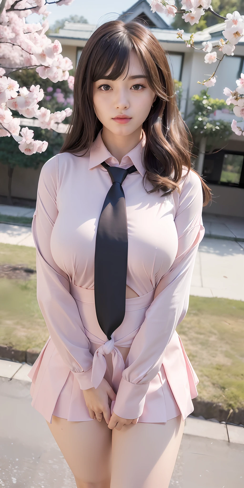 mix4, 20d, solo, long_hair, shirt, dress, high_heels,full_body, look_at_viewer, (8k, RAW photo, best quality, mastery:1.2), (realistic, photo-realistic:1.37), professional lighting, photon mapping, 光能传递,基于物理的渲染,(realistic:1.5), photorealistic, octane render, (4k, 8k), (hyperrealistic:1.2), (photorealistic face:1.2), (Best Quality), extremely detailed, intricate, hyper detailed, (eyes detailed, finger detailed:1.2), looking at viewer, (short hair, curly hair, dense bangs, black hair), (outdoors, cherry blossom trees, korean school uniform:1.3), (1girl, solo, alone, large breasts, large thighs, 2legs, walking, tie up hair:1.4), (brown eyes:1.2), smile