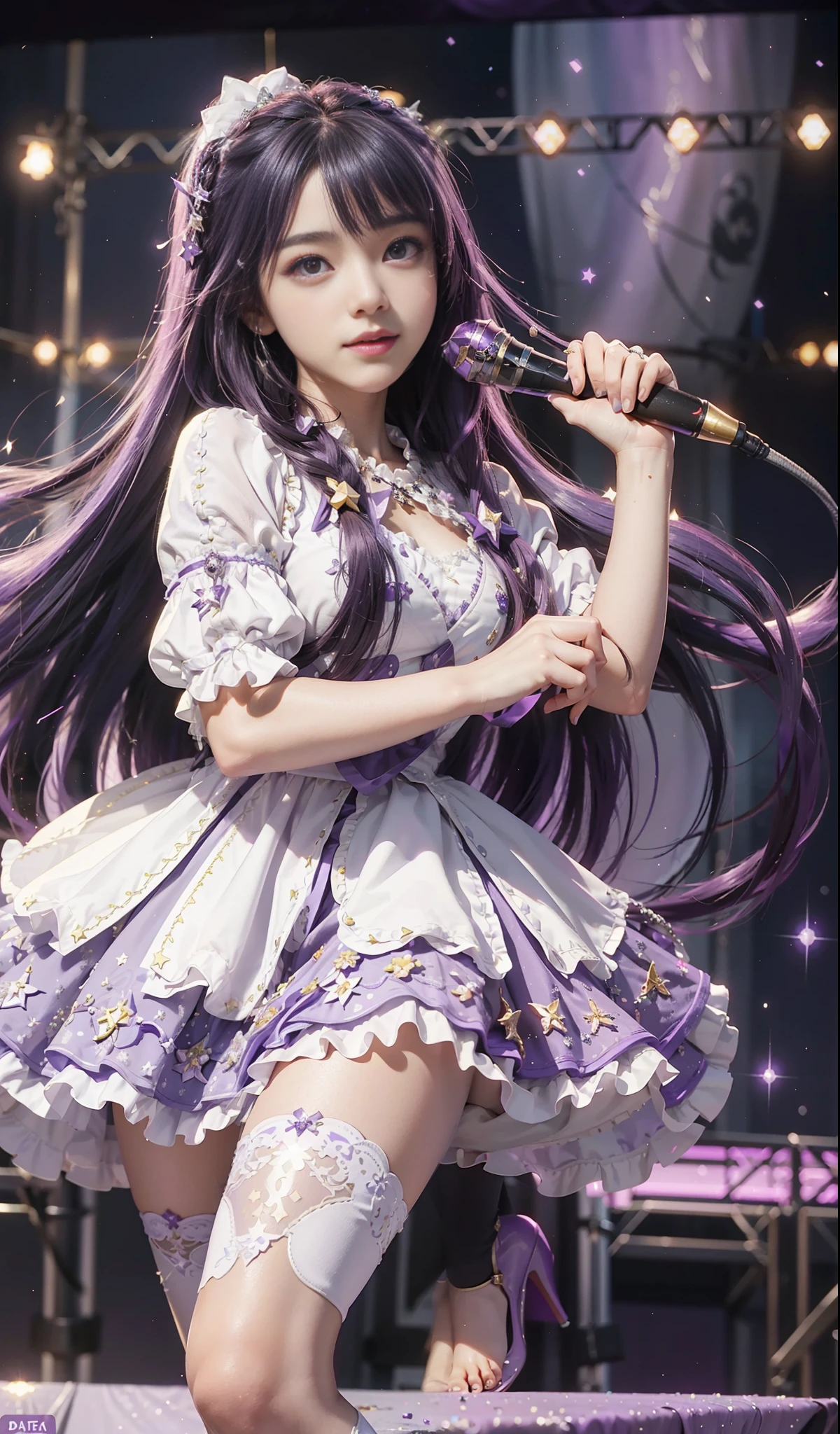(1 Girl: 0.6) Ai Hoshino, girl with long hair holding a magic wand and purple dress, purple albedo, anime moe art style, (movie quality: 0.3), anime shoujo, singer, purple eyes, magical girl, zero sauce art, magical girl anime majo, white shirt, purple long hair, (stockings), (stars), (delicate facial features: 0.6), head decoration, (delicate hands: 0.9), white dress, (big eyes: 0.5), singing, smiling, stage lighting, standing, high heels , (pattern adorns the head), normal head, (long purple hair: 0.5), (shawl scattered), (diamond shine: 0.9), sit on stage