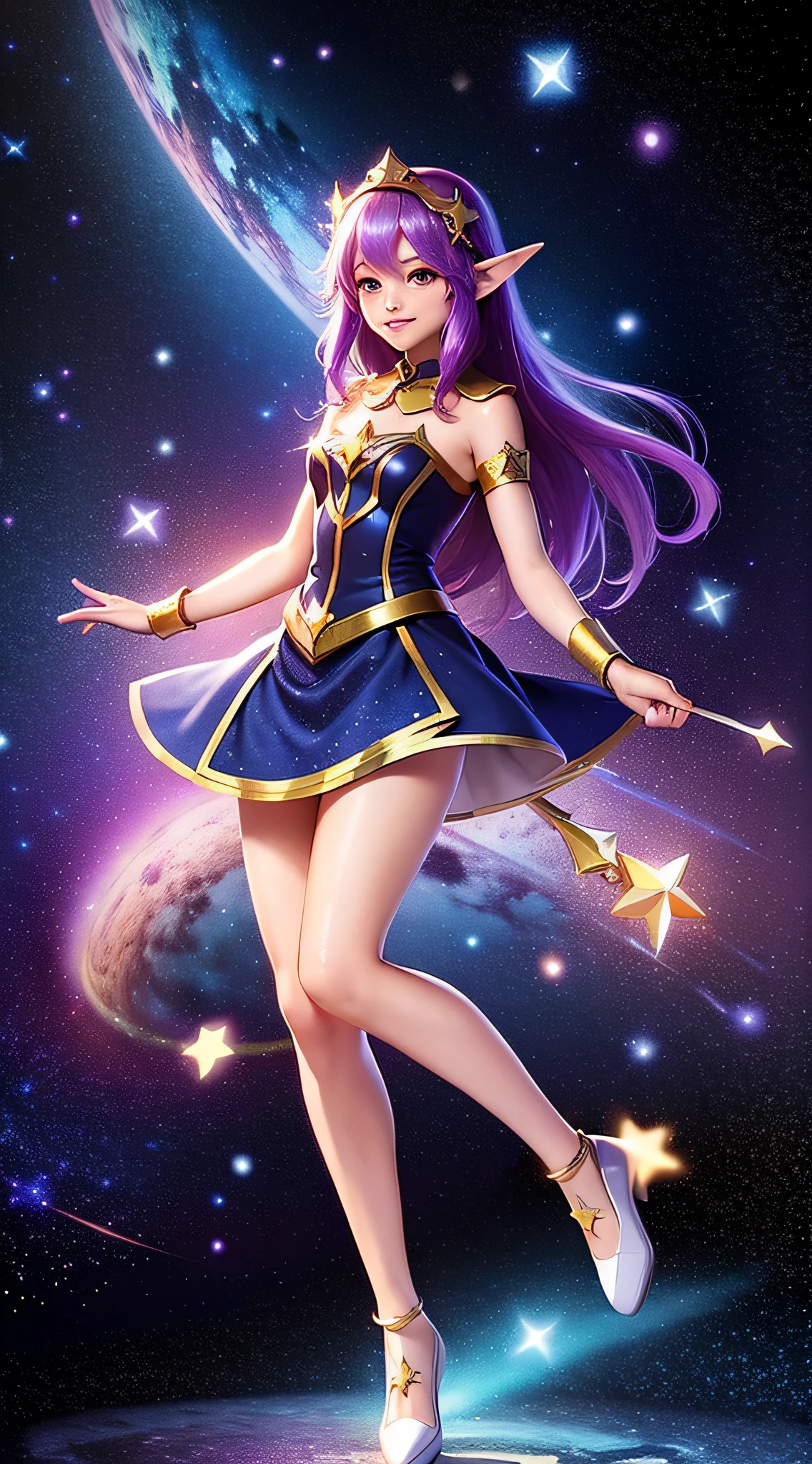 1 Girl, Magic, Universe, Magical Girl, Constellation Elf, Milky Way, Shooting Star, Starry Dot, Double Tail, Medium Hair, Headband, Smile, Fly, Masterpiece, Best Quality, High Quality, Ultra High Quality, Dark Blue Picture, Purple Style, Full Body Photo, Top View