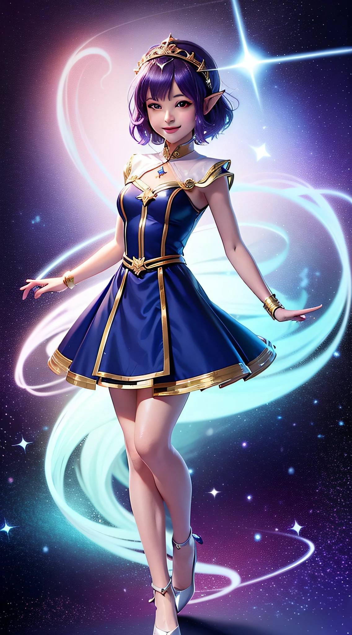 1 Girl, Magic, Universe, Magical Girl, Constellation Elf, Milky Way, Shooting Star, Starry Dot, Double Tail, Medium Hair, Headband, Smile, Fly, Masterpiece, Best Quality, High Quality, Ultra High Quality, Dark Blue Picture, Purple Style, Full Body Photo, Top View