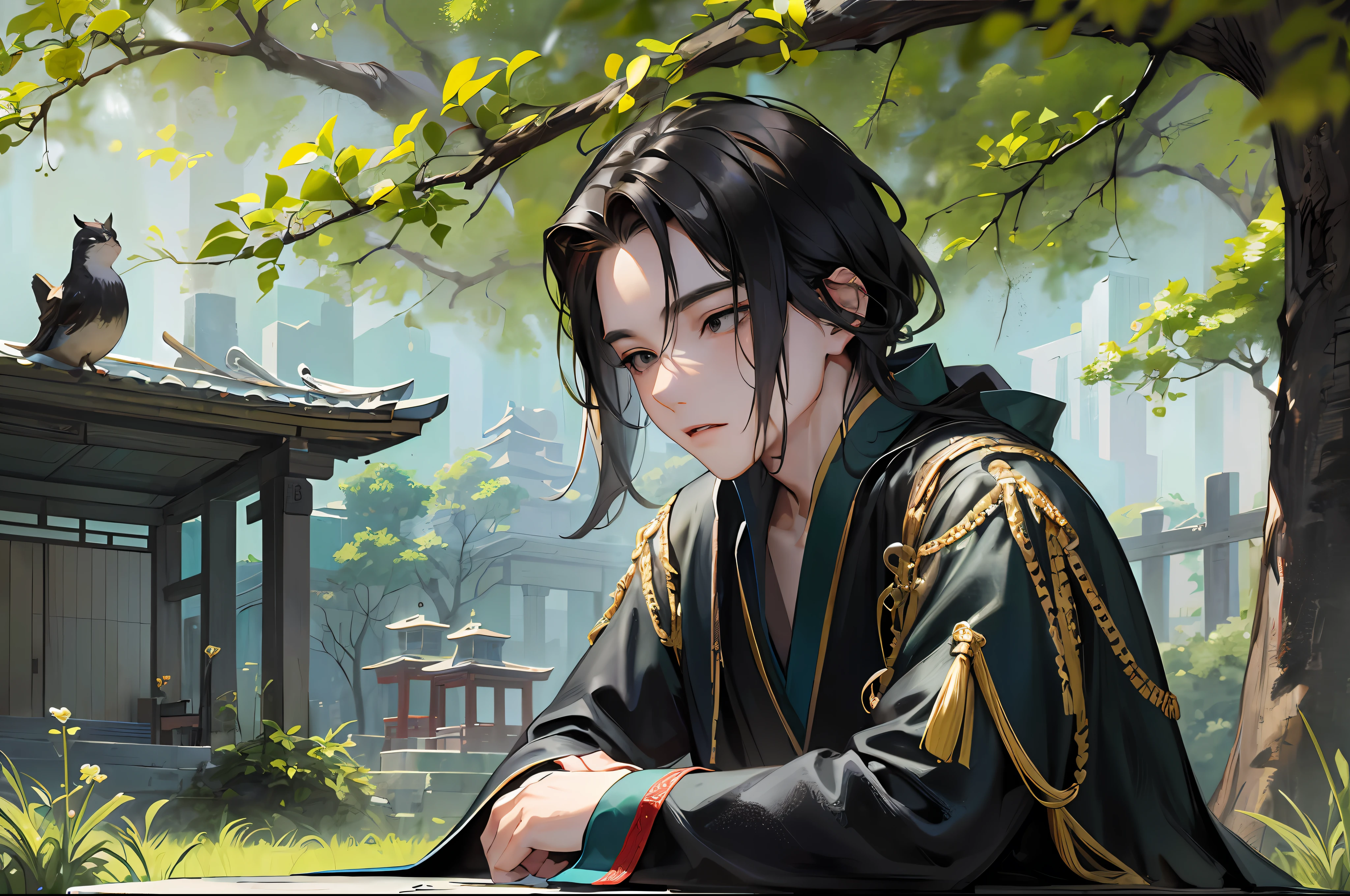 Masterpiece, superlative, 18-year-old boy, cheeks, sitting, long black hair, cyan practice robe, yard, fence, trees, stone table, stone bench. Chinese ancient style, Chinese martial arts. Black eyes, ultra-high resolution.