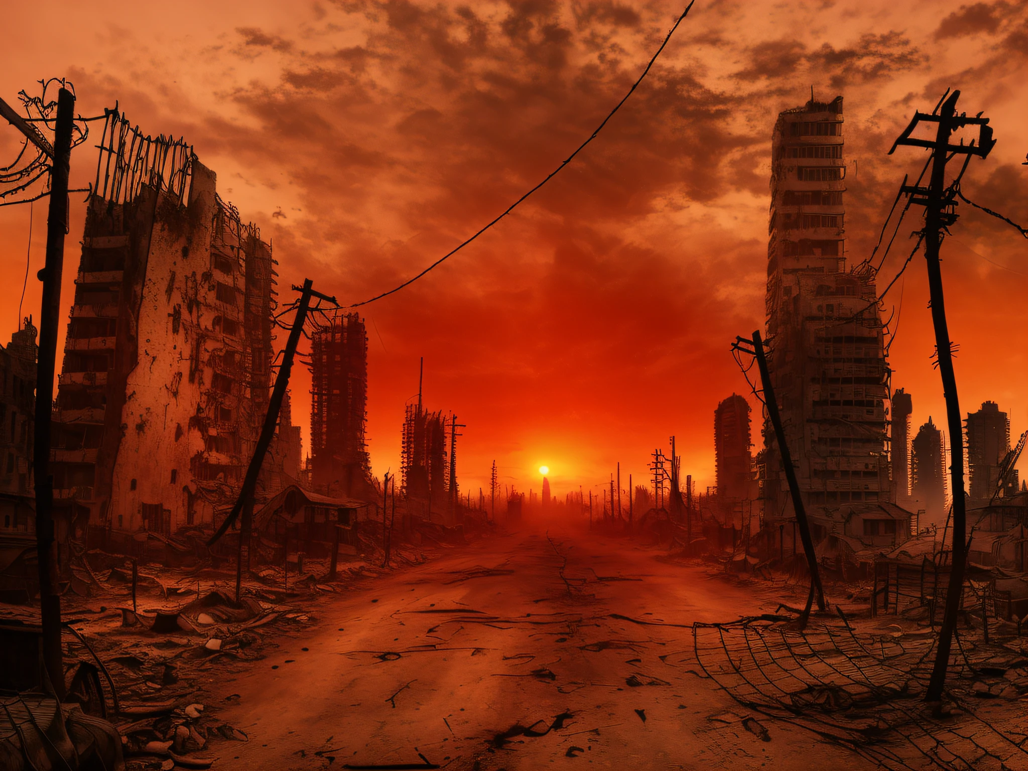 arafed city with a sunset in the background and barbed wire, post-apocalyptic hellscape, apocalyptic background, apocalyptic city, apocalyptic landscape, apocalyptic scene, apocalyptic scenery, post - apocalyptic wasteland, landscape of apocalypse city, apocalyptic environment, apocalyptic city backround, apocalyptic setting, ominous apocalyptic background, post apocalyptic background, post apocalyptic atmosphere, post apocalyptic wasteland