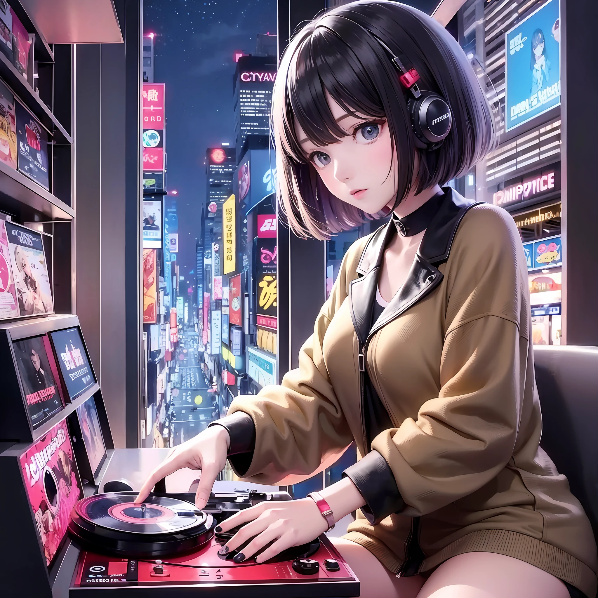 9os style anime woman citypop recorder player focuses on Record Player, night life, full color, lighting. --auto --s2